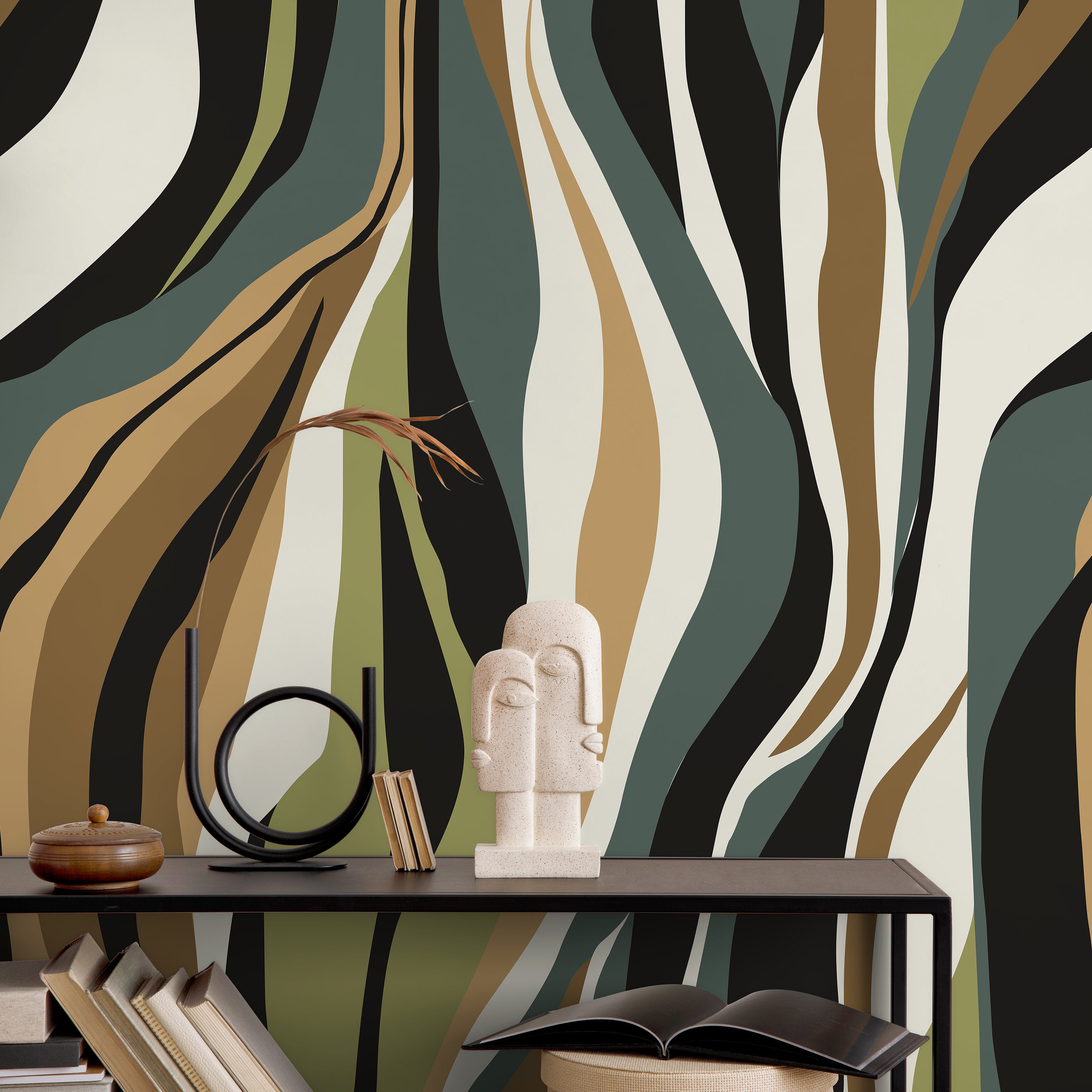 Abstract Wallpaper With A Flowing Wave Motif In Black, Green, And Brown - D613