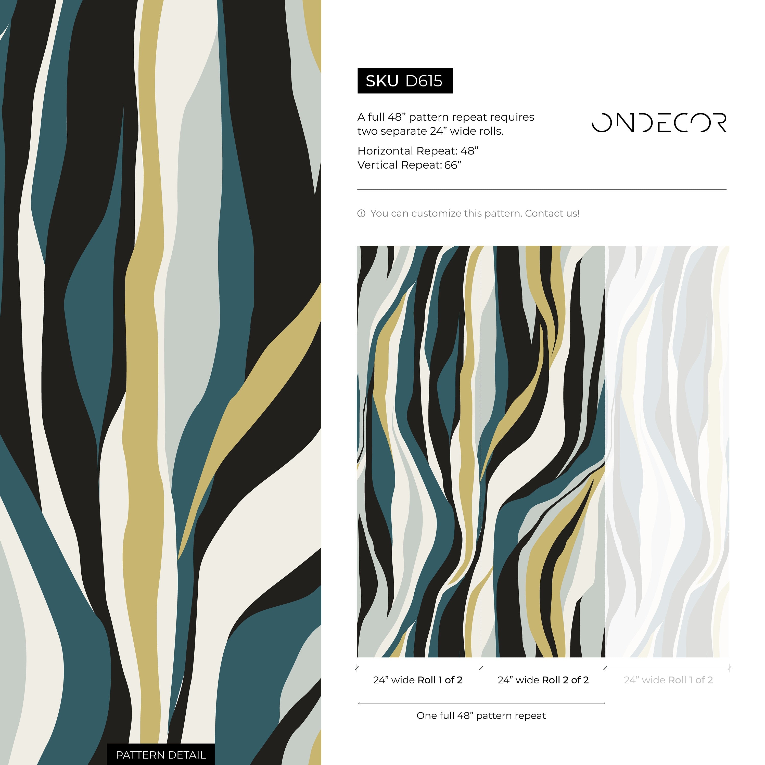 Abstract Wallpaper With Flowing Organic Stripes In Teal, Yellow, And Black - D615