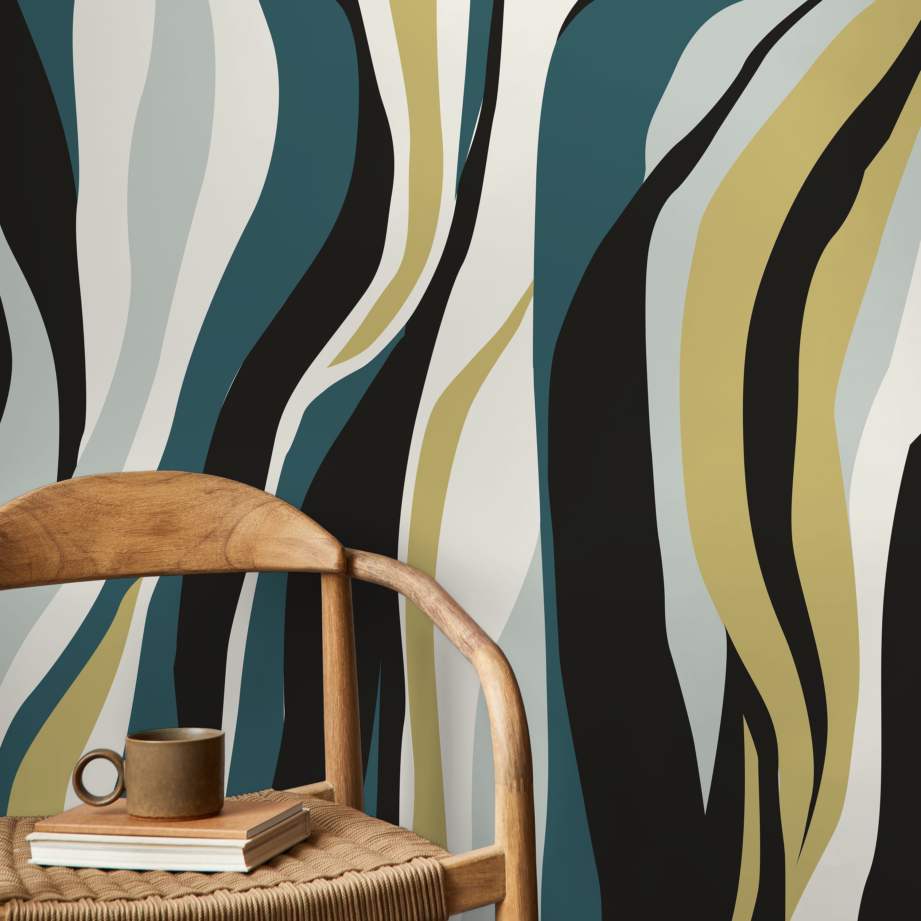 Abstract Wallpaper With Flowing Organic Stripes In Teal, Yellow, And Black - D615