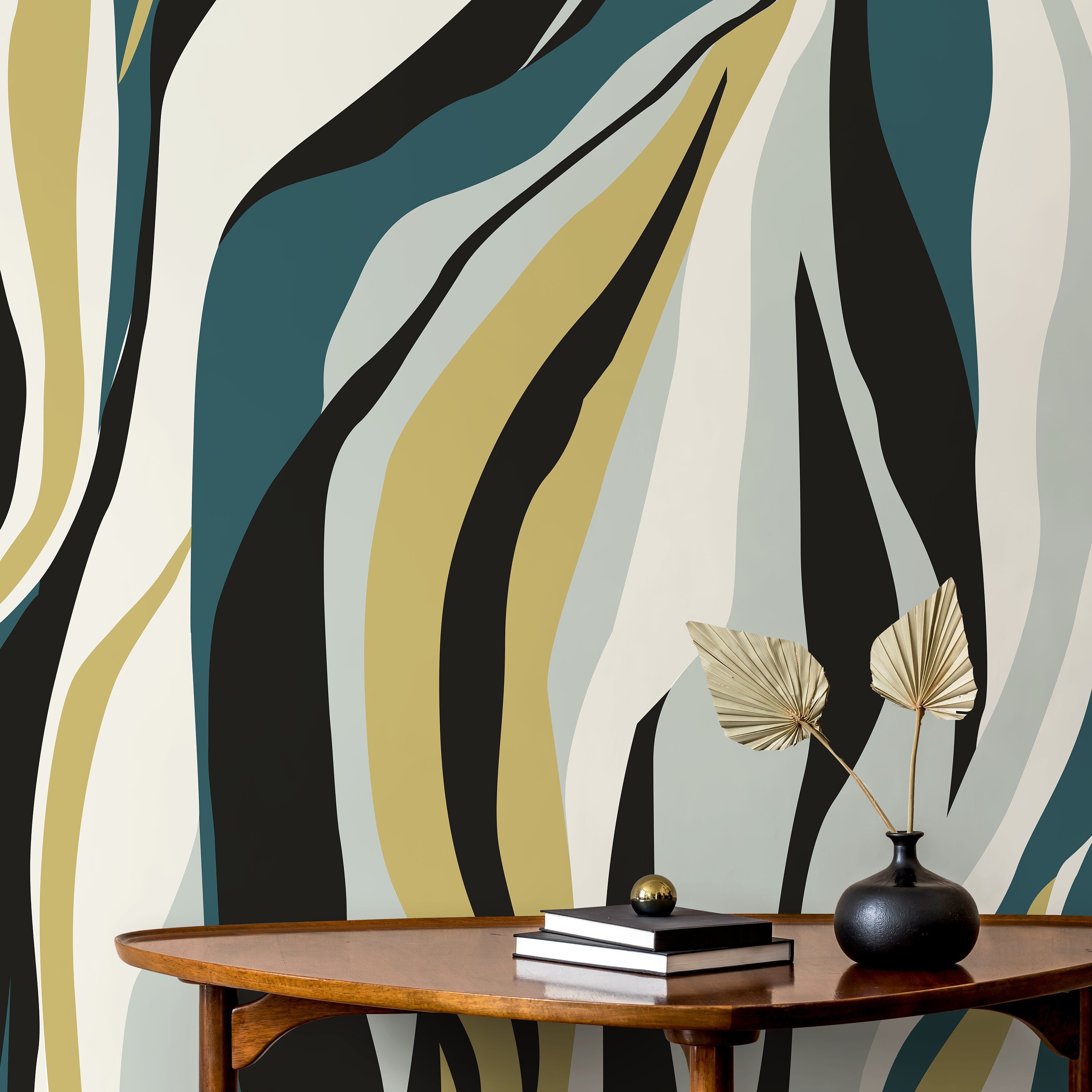 Abstract Wallpaper With Flowing Organic Stripes In Teal, Yellow, And Black - D615