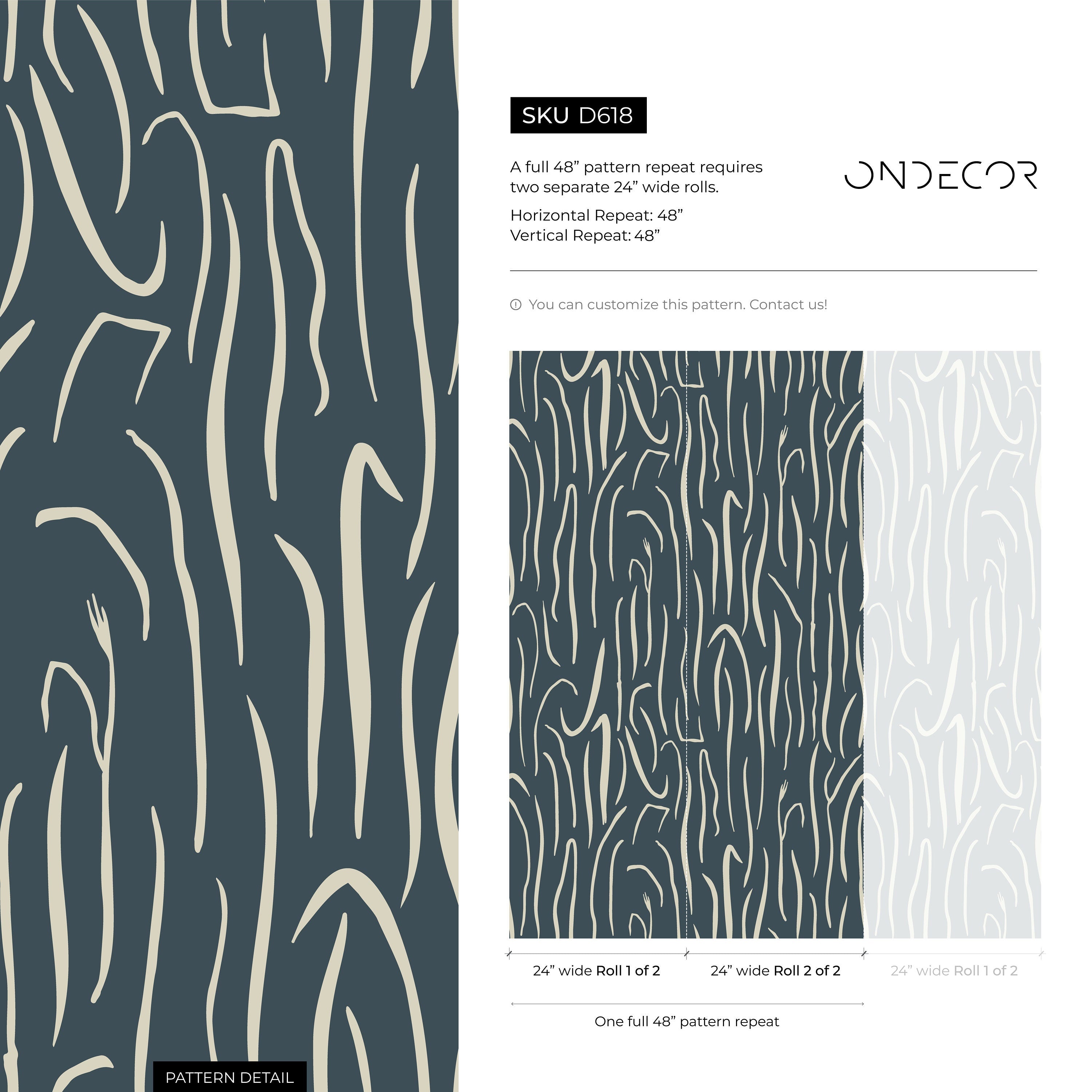 Abstract Wallpaper With Organic Wavy Lines In Dark Green And Cream - D618