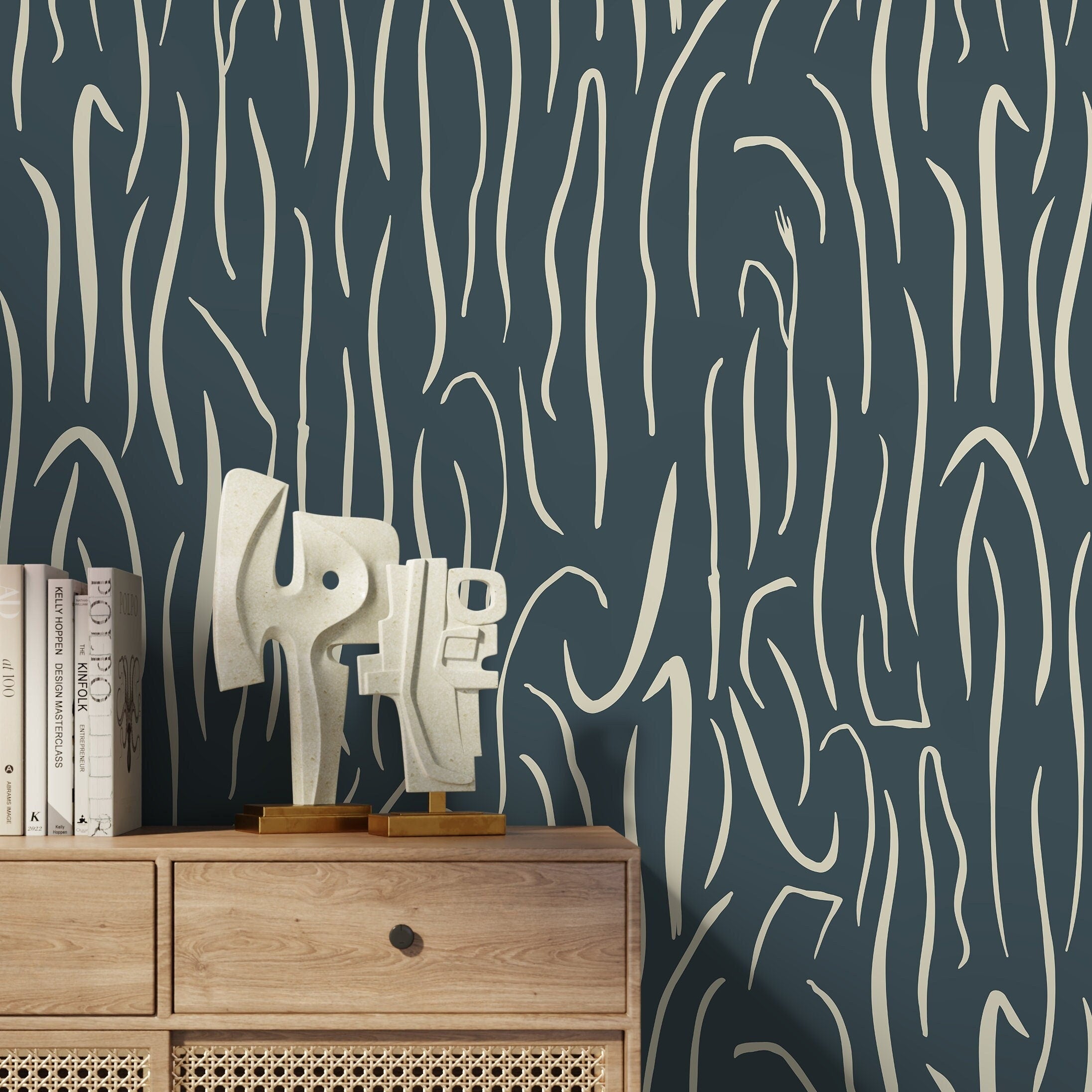 Abstract Wallpaper With Organic Wavy Lines In Dark Green And Cream - D618