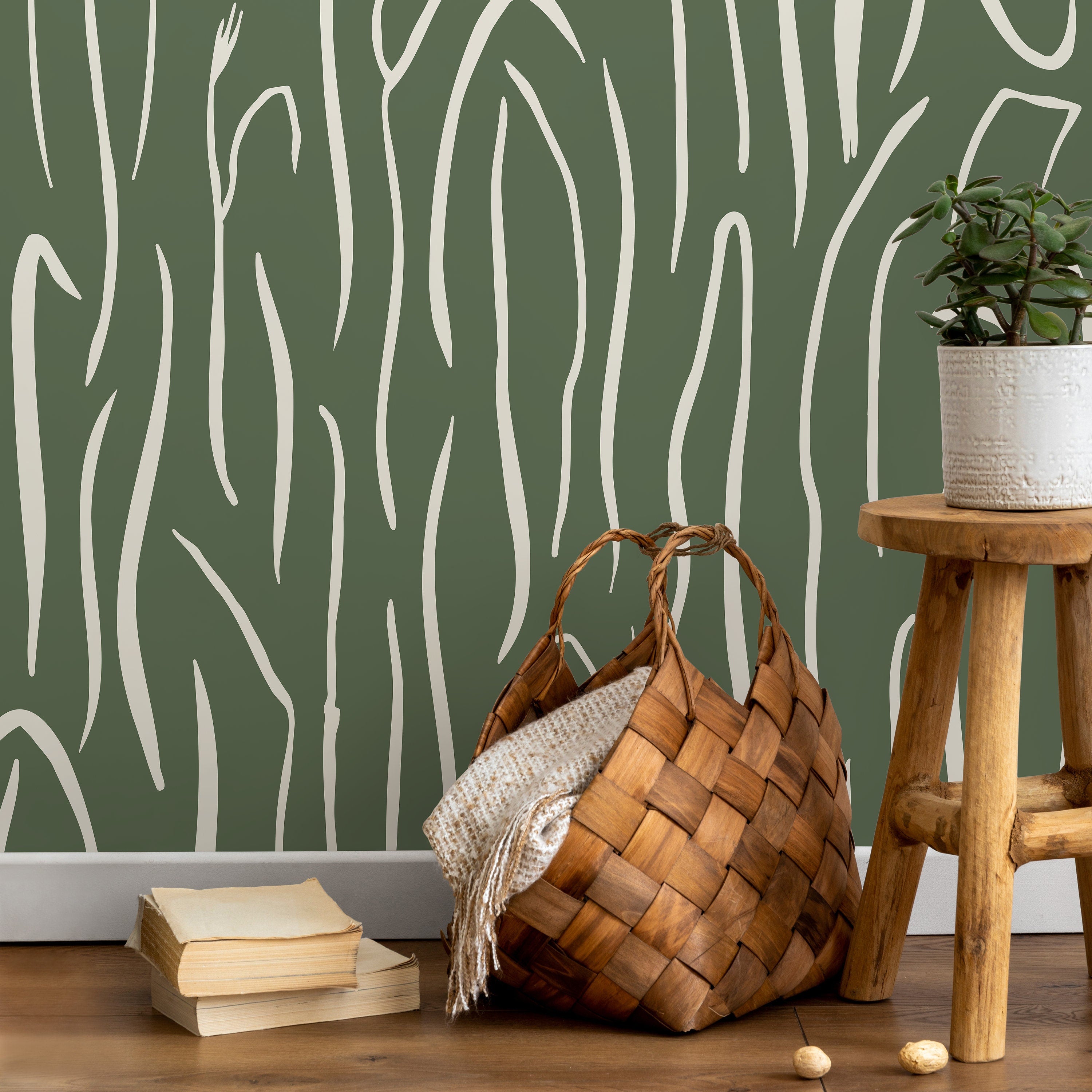 Abstract Wallpaper With Organic Wavy Lines In Green And Off-white - D619