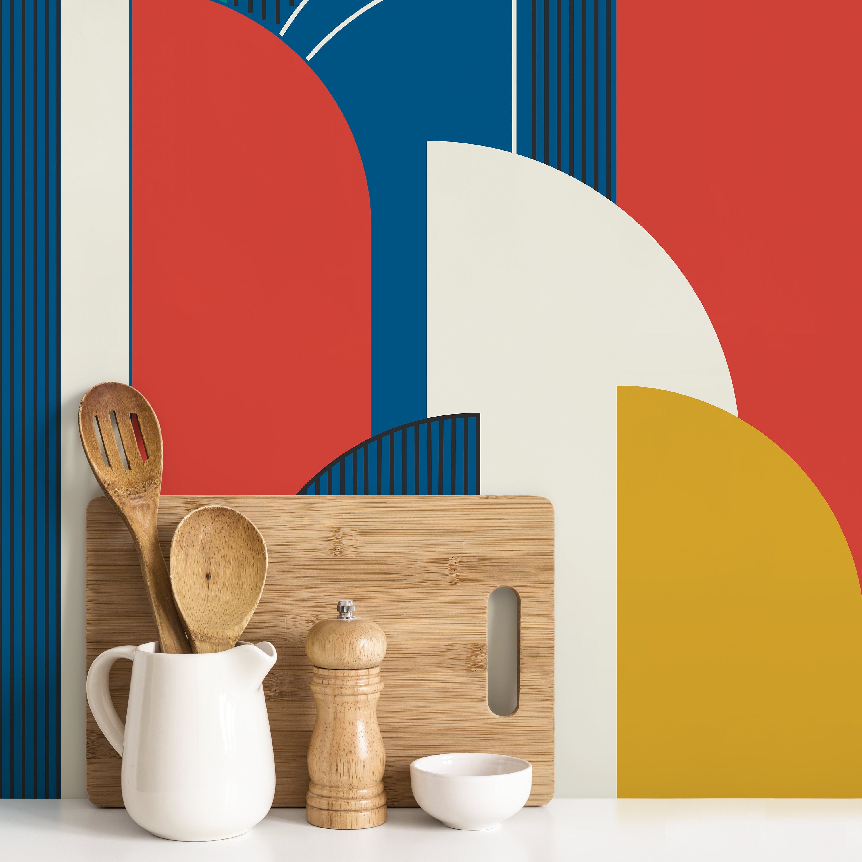 Art Deco Wallpaper With Bold Architectural Shapes In Blue, Red, And Yellow - D620