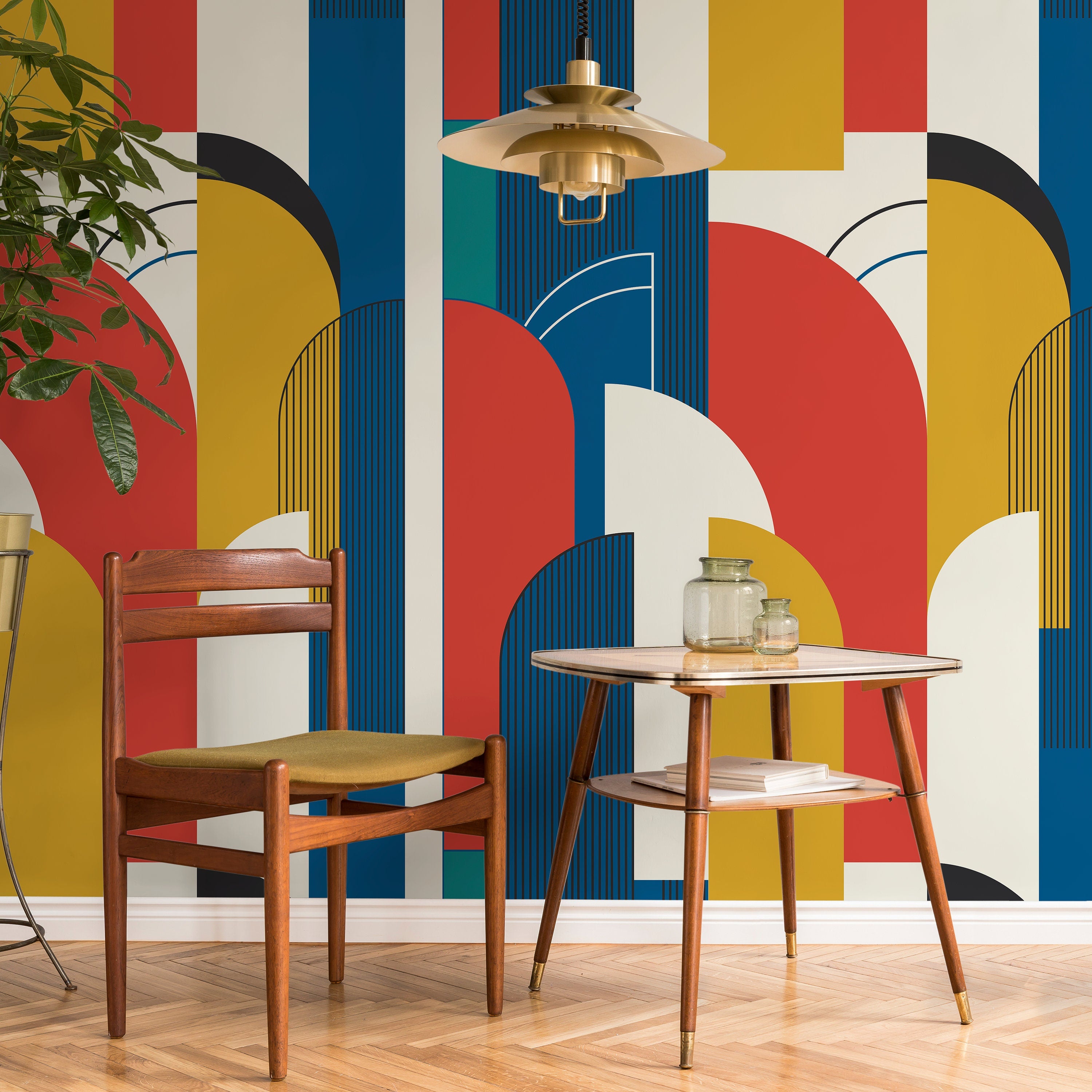 Art Deco Wallpaper With Bold Architectural Shapes In Blue, Red, And Yellow - D620