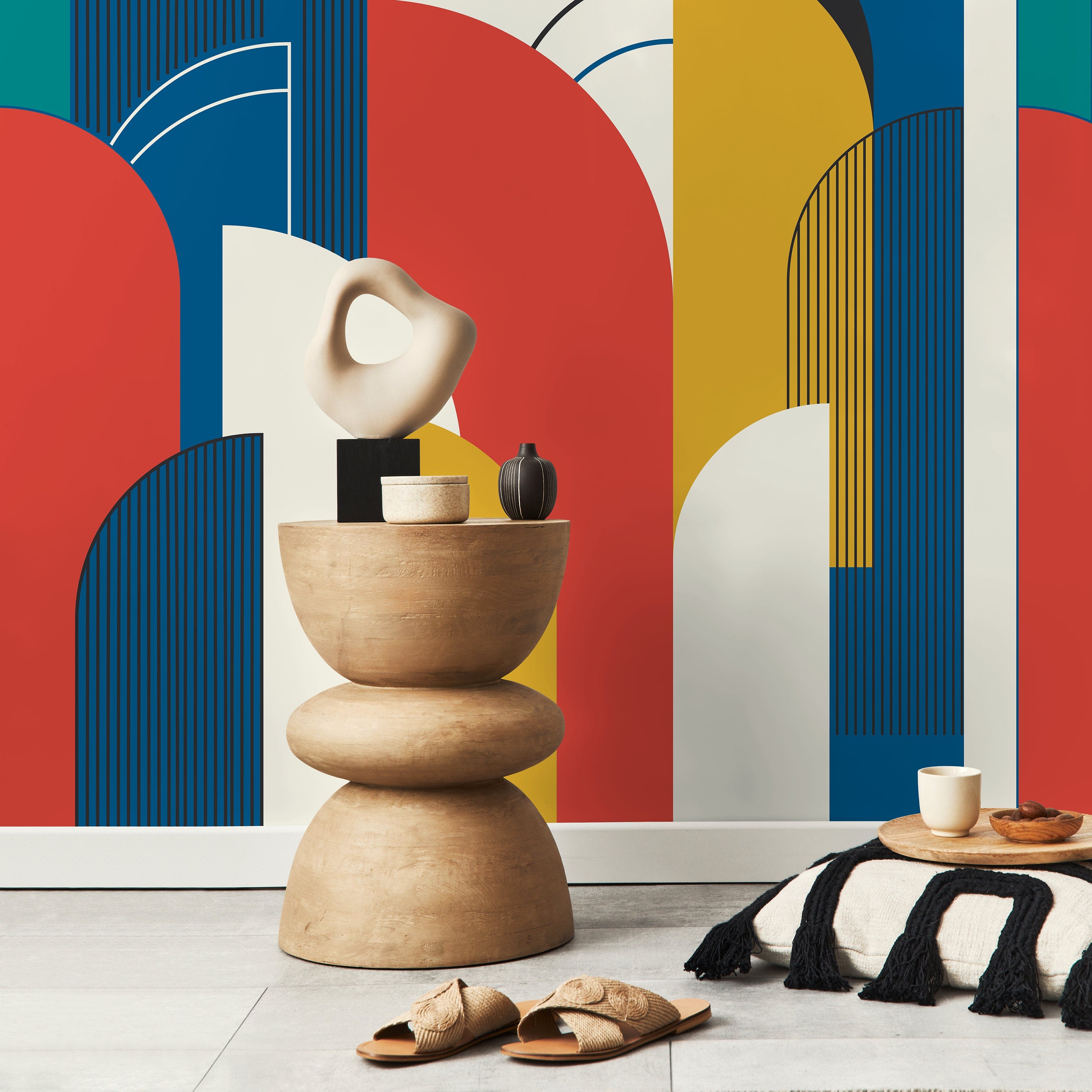 Art Deco Wallpaper With Bold Architectural Shapes In Blue, Red, And Yellow - D620