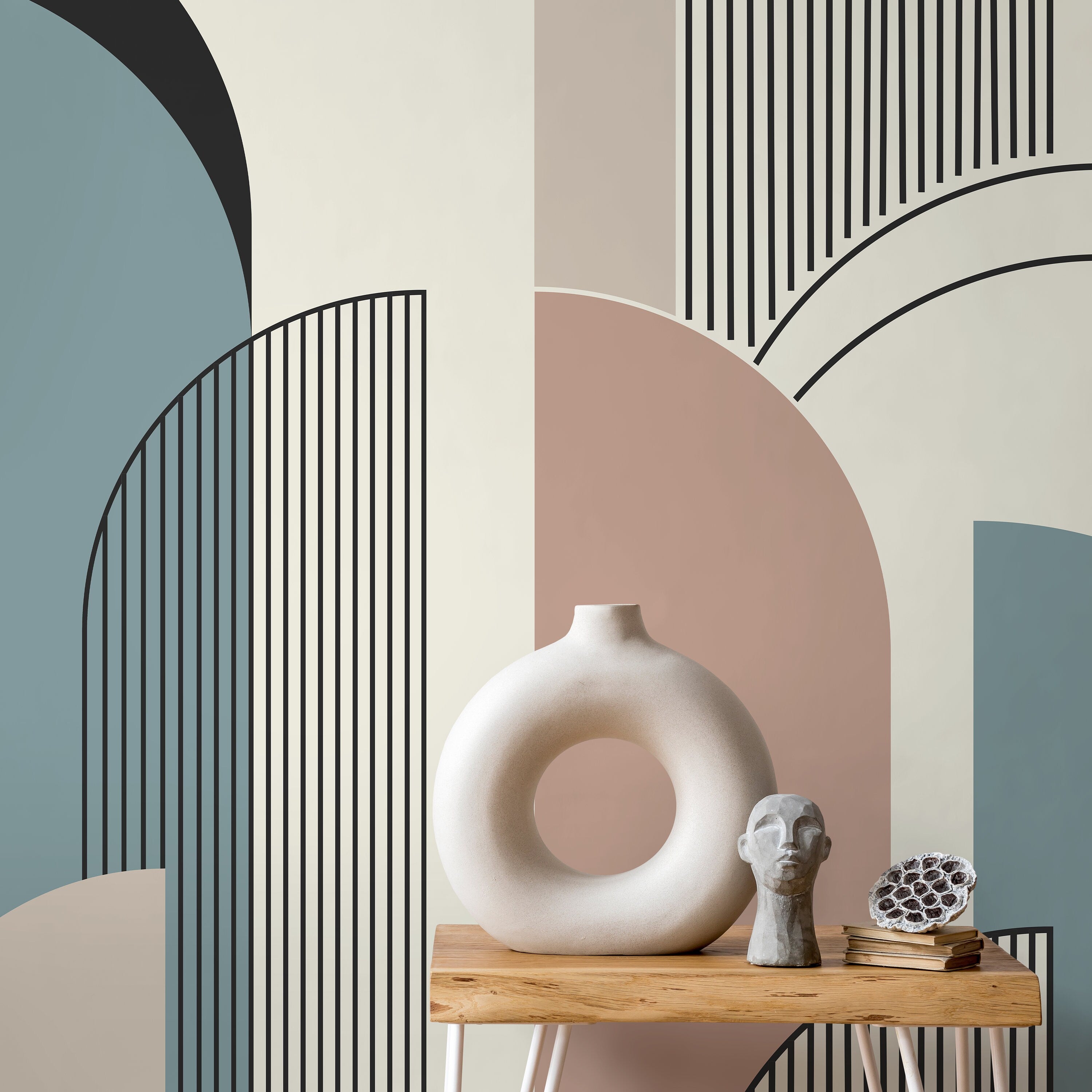 Geometric Wallpaper With An Art Deco Arch Motif In Pink, Blue, And Grey - D621