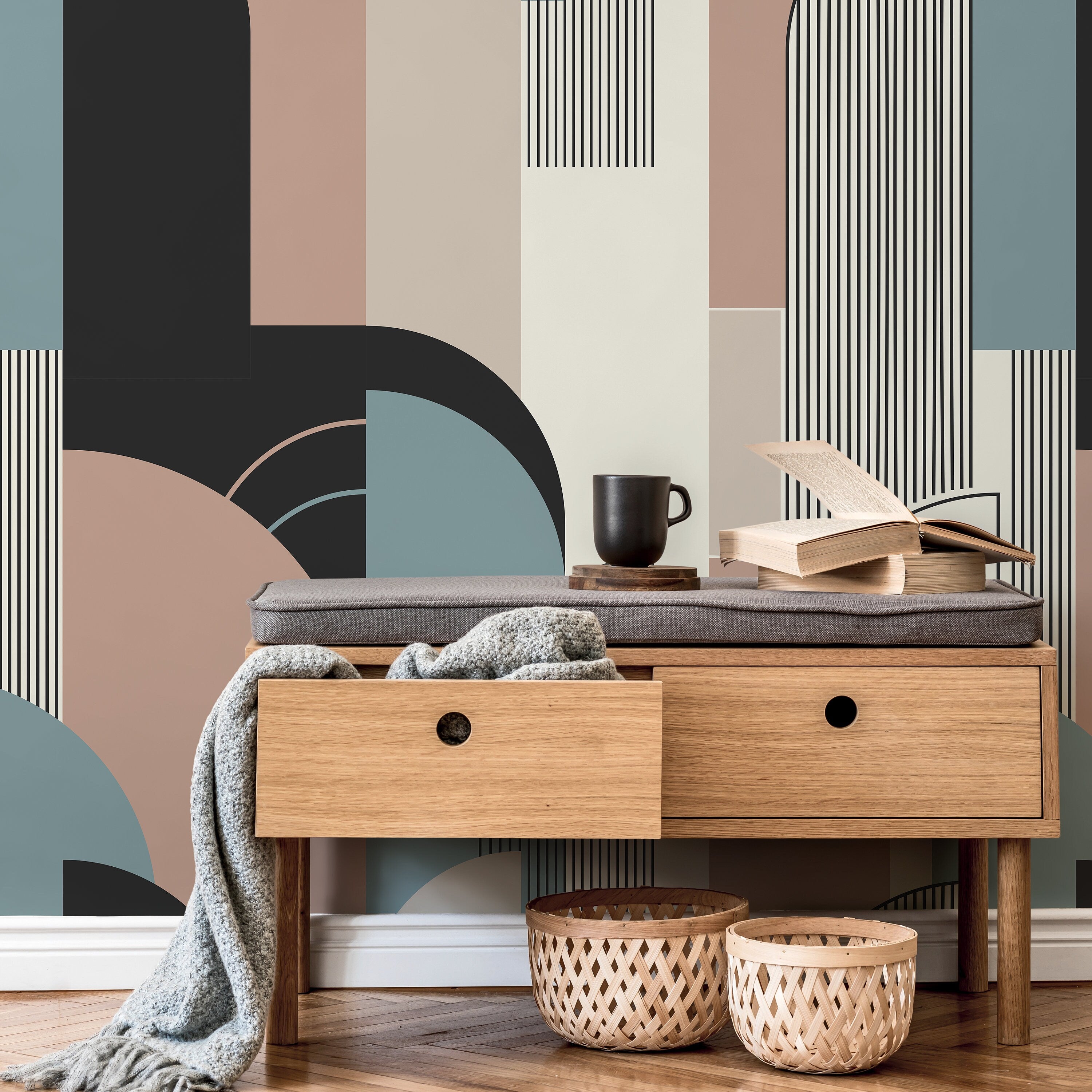 Geometric Wallpaper With An Art Deco Arch Motif In Pink, Blue, And Grey - D621