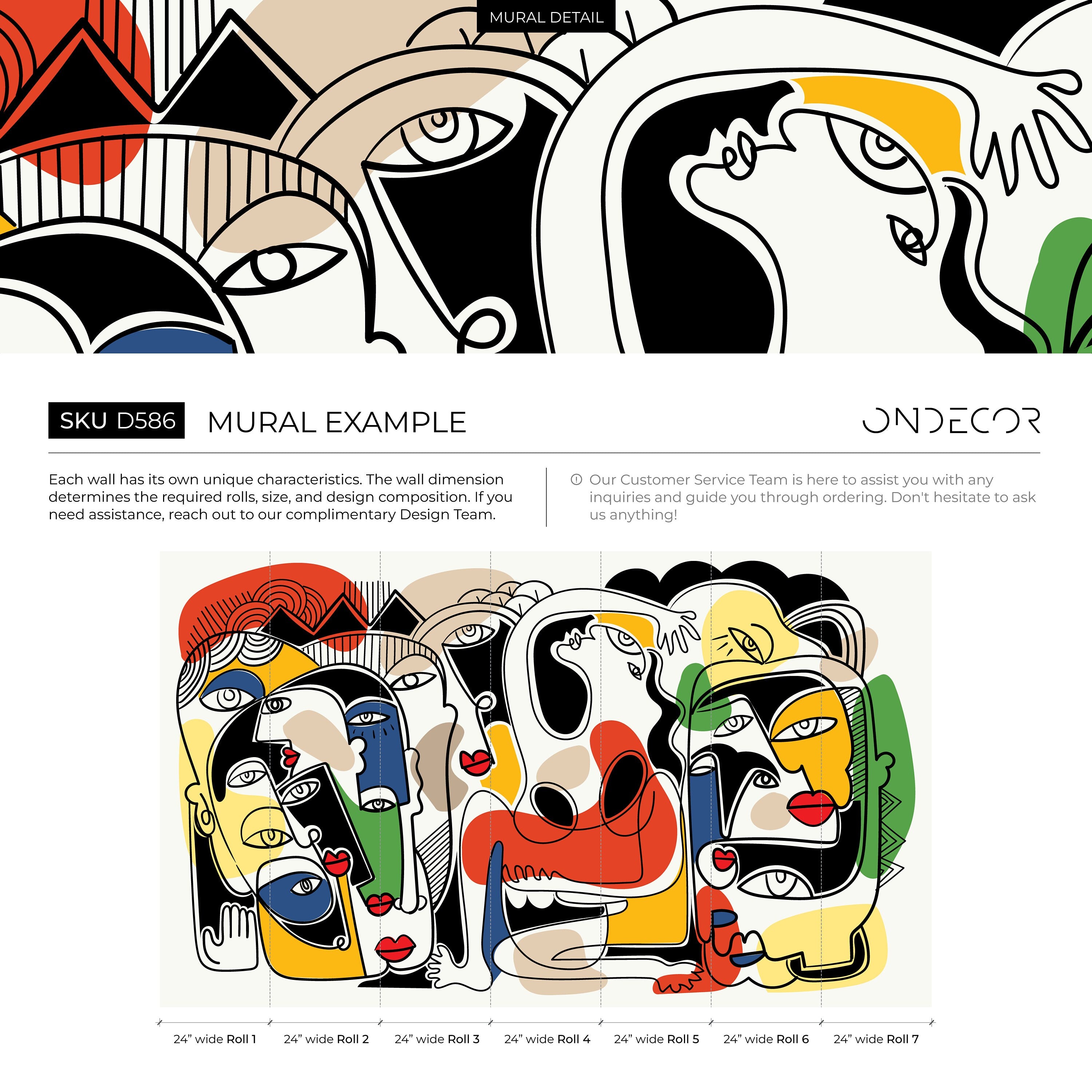 Abstract Wallpaper With Surreal Line Art Faces In Red, Yellow, And Blue - D586