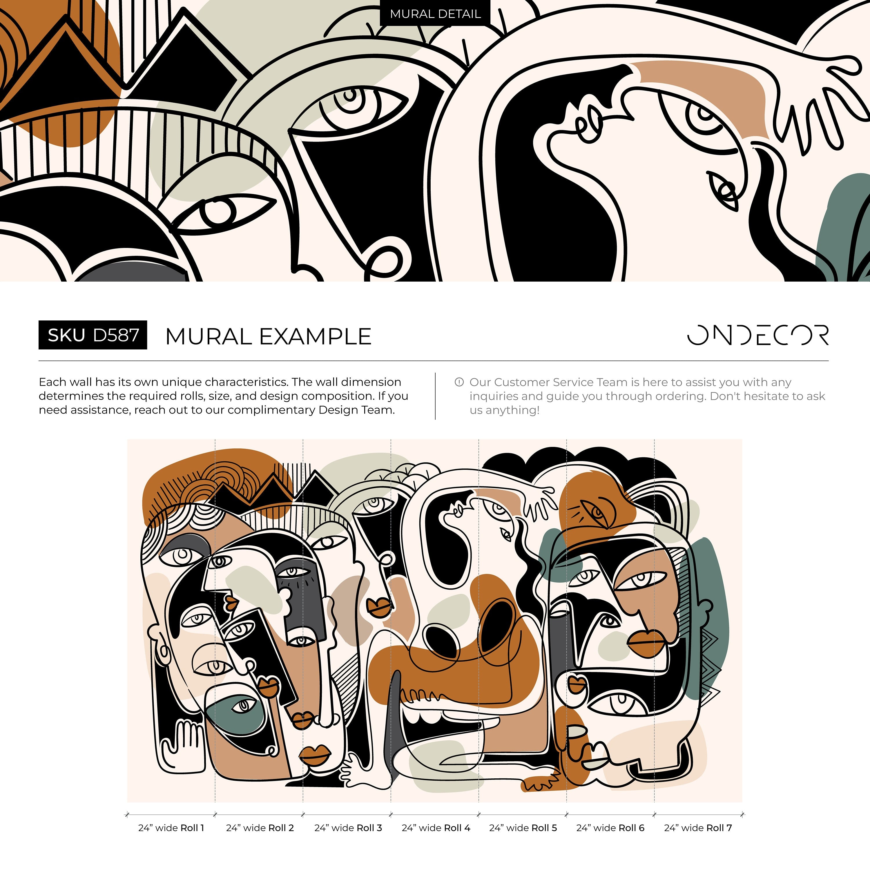 Cubism Wallpaper With Surreal Line Art Faces In Black And Terracotta - D587