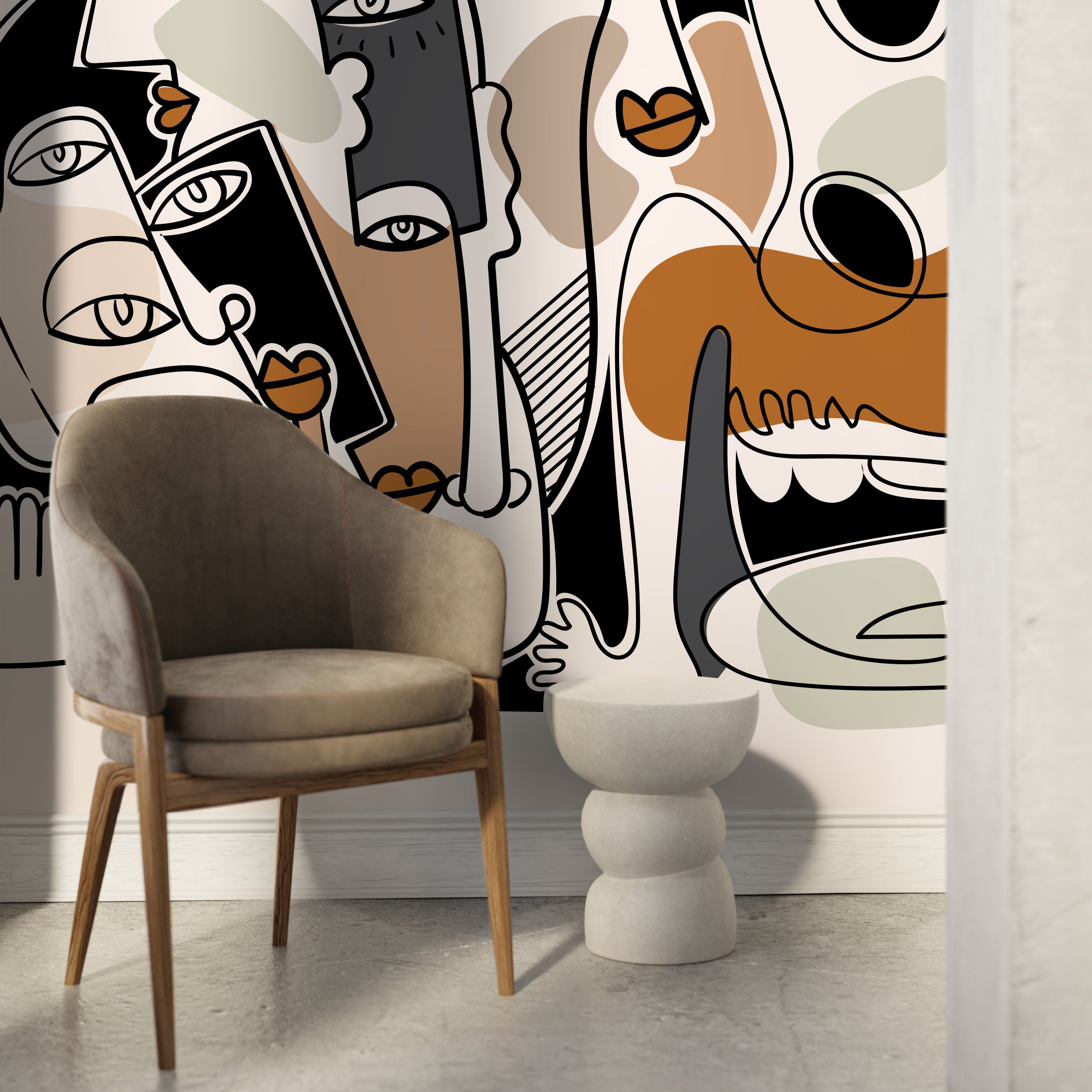 Cubism Wallpaper With Surreal Line Art Faces In Black And Terracotta - D587