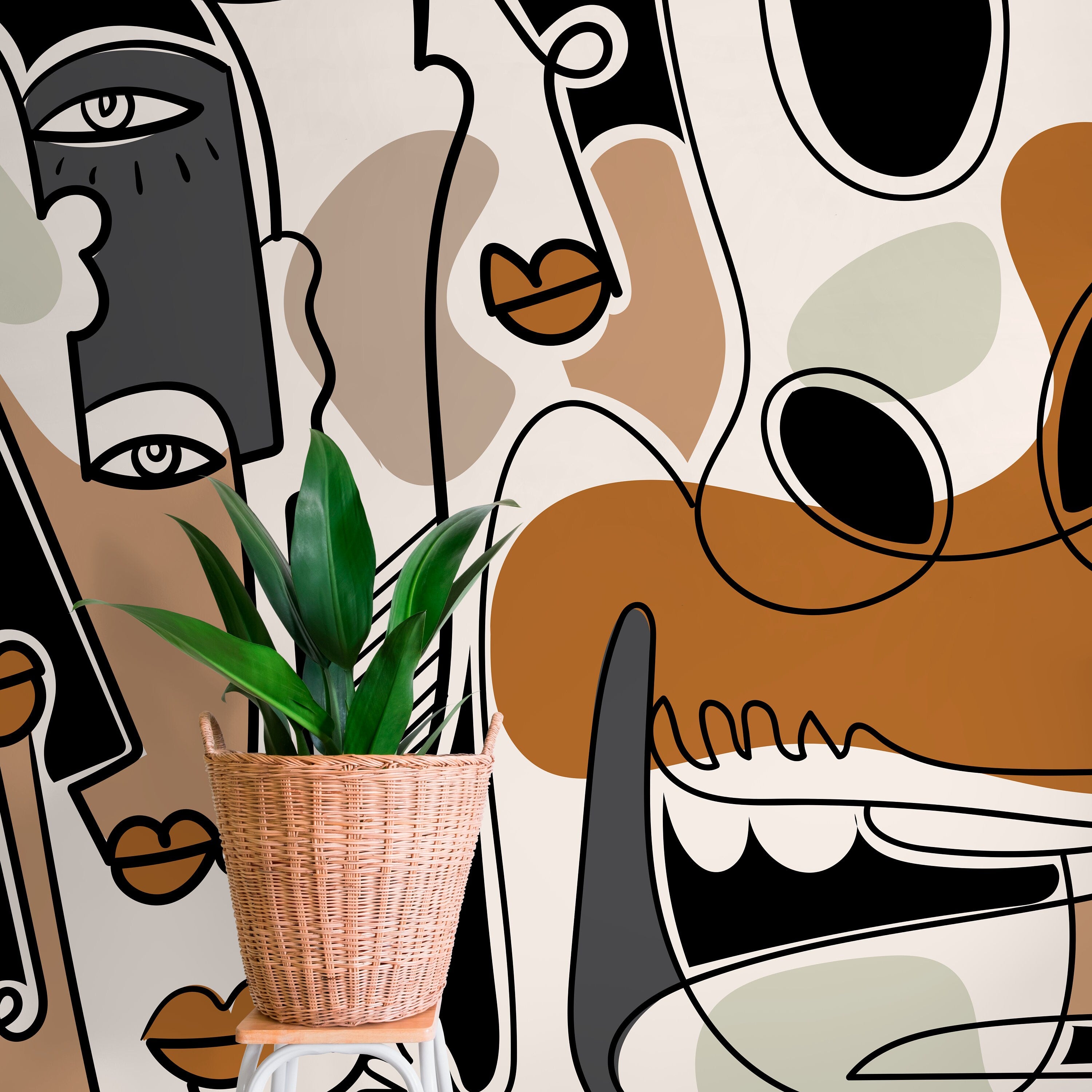 Cubism Wallpaper With Surreal Line Art Faces In Black And Terracotta - D587
