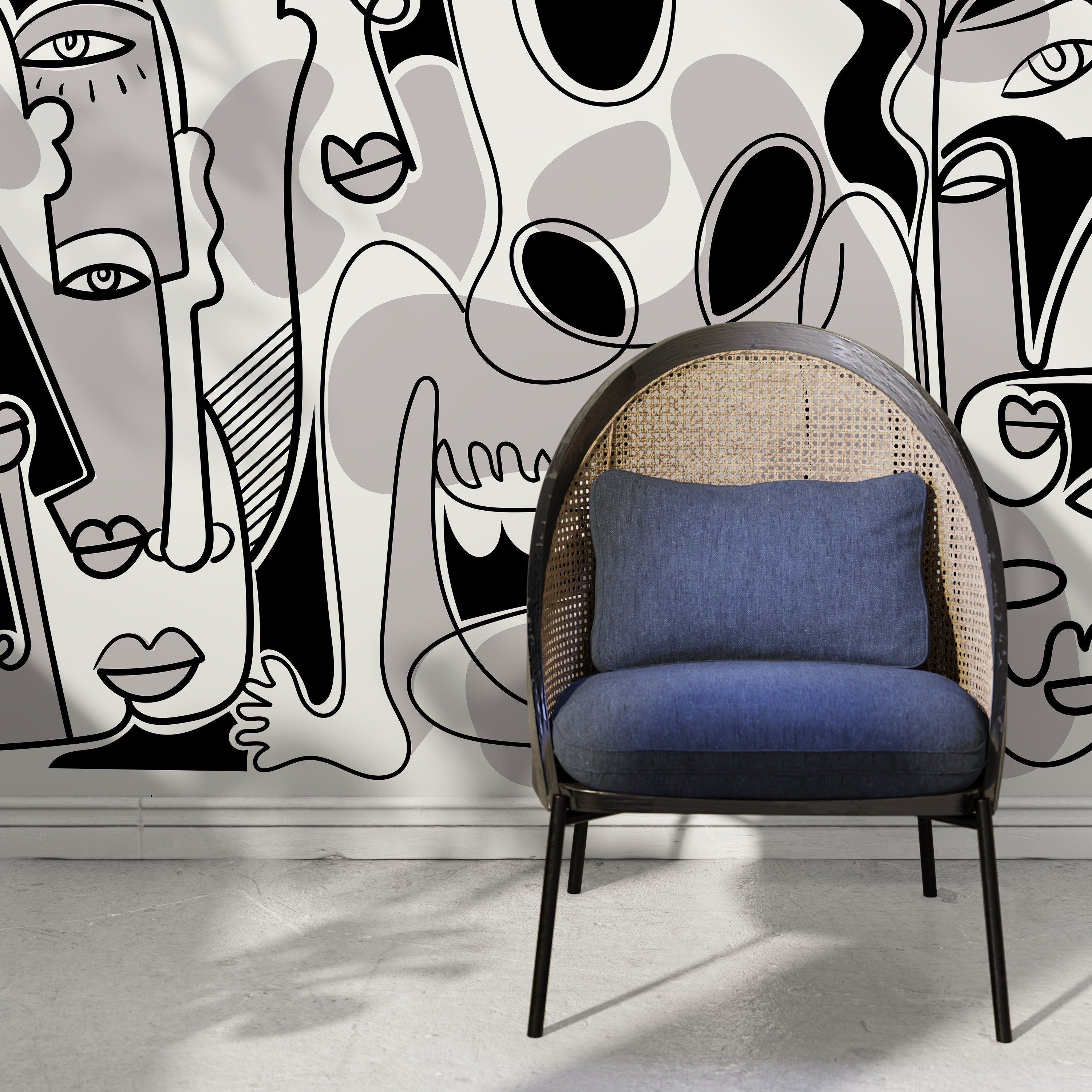 Abstract Wallpaper With Cubist Style Faces In Black And Grey - D588