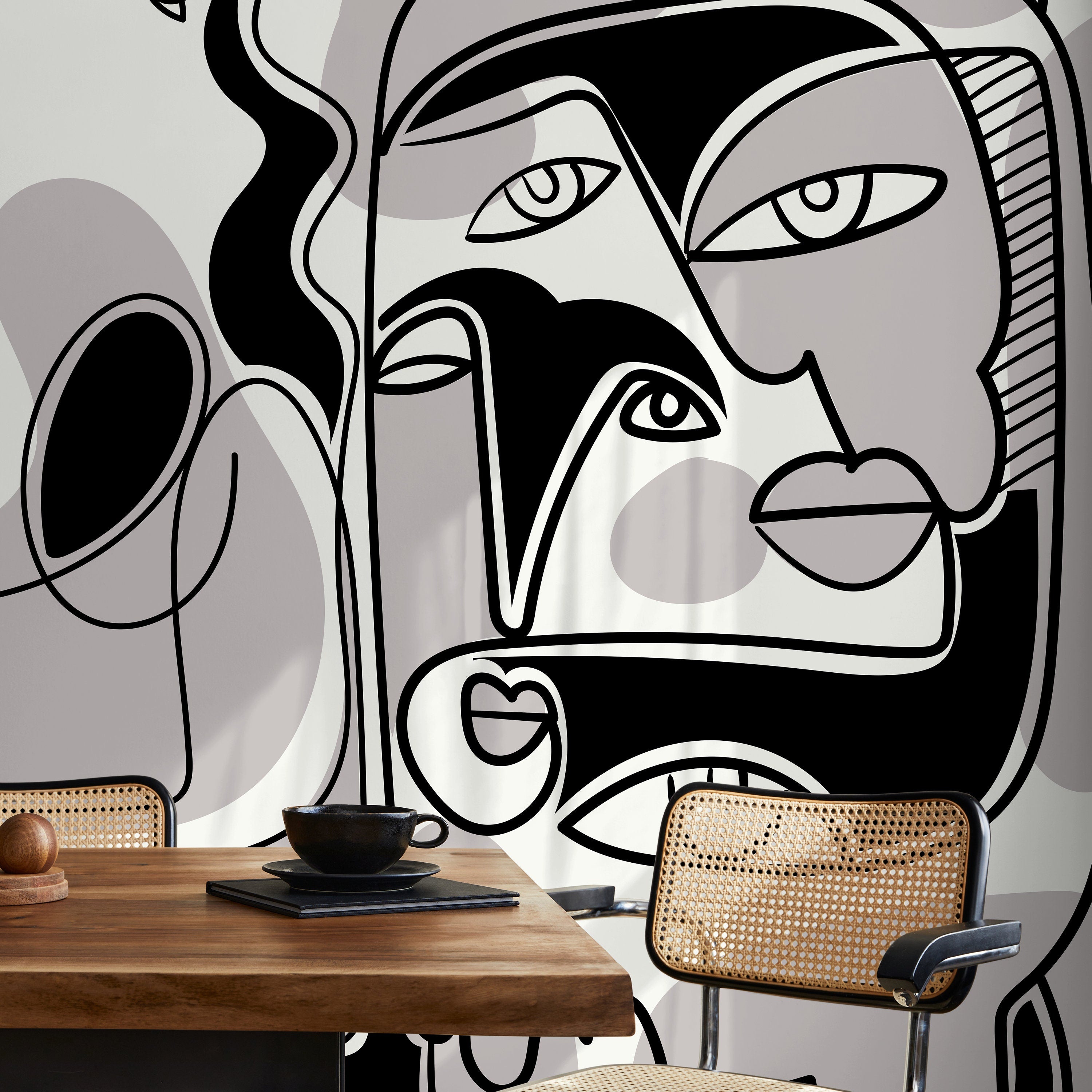 Abstract Wallpaper With Cubist Style Faces In Black And Grey - D588