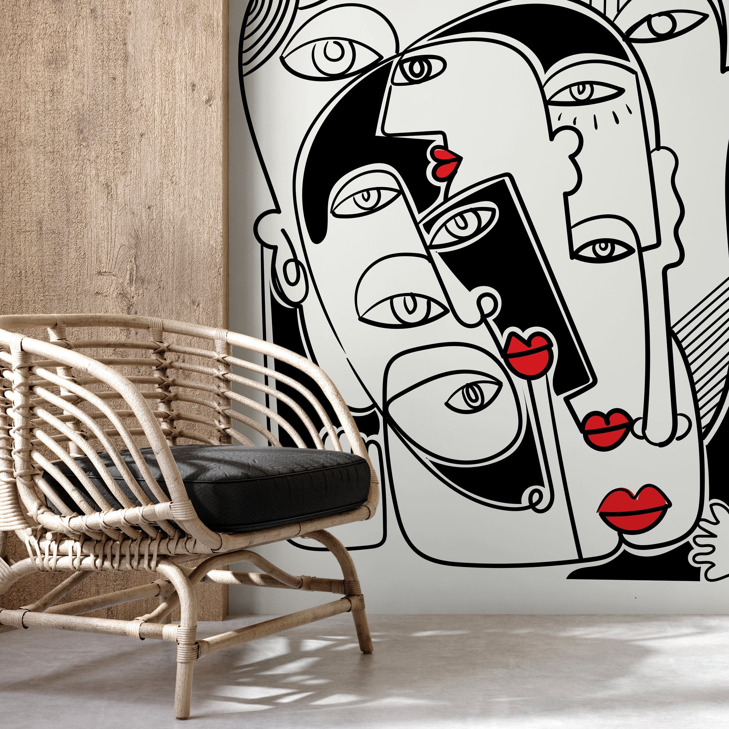 Abstract Wallpaper Inspired By Picasso Faces In Black And Red - D589