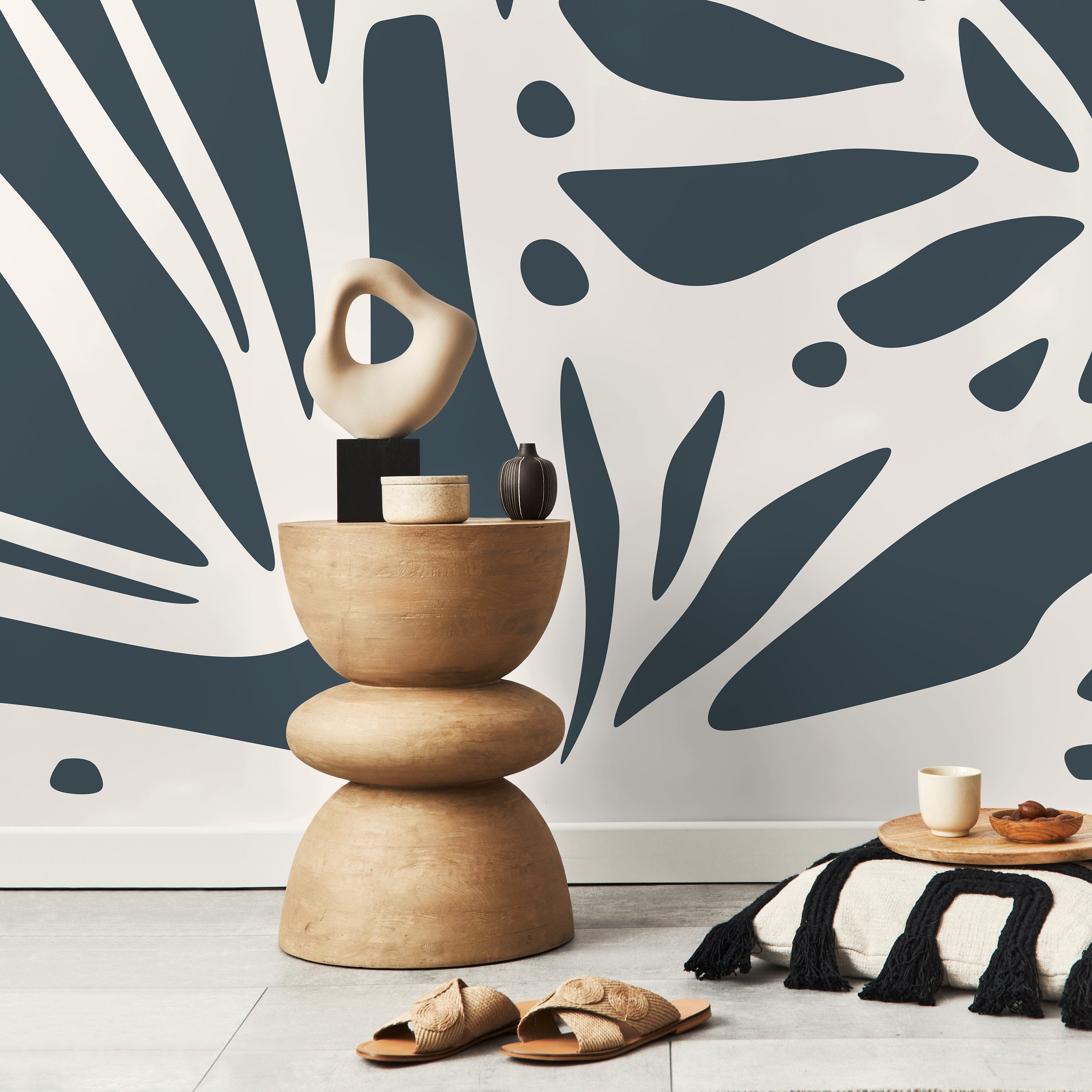 Abstract Wallpaper With Organic Cut-out Shapes In Dark Blue - D623