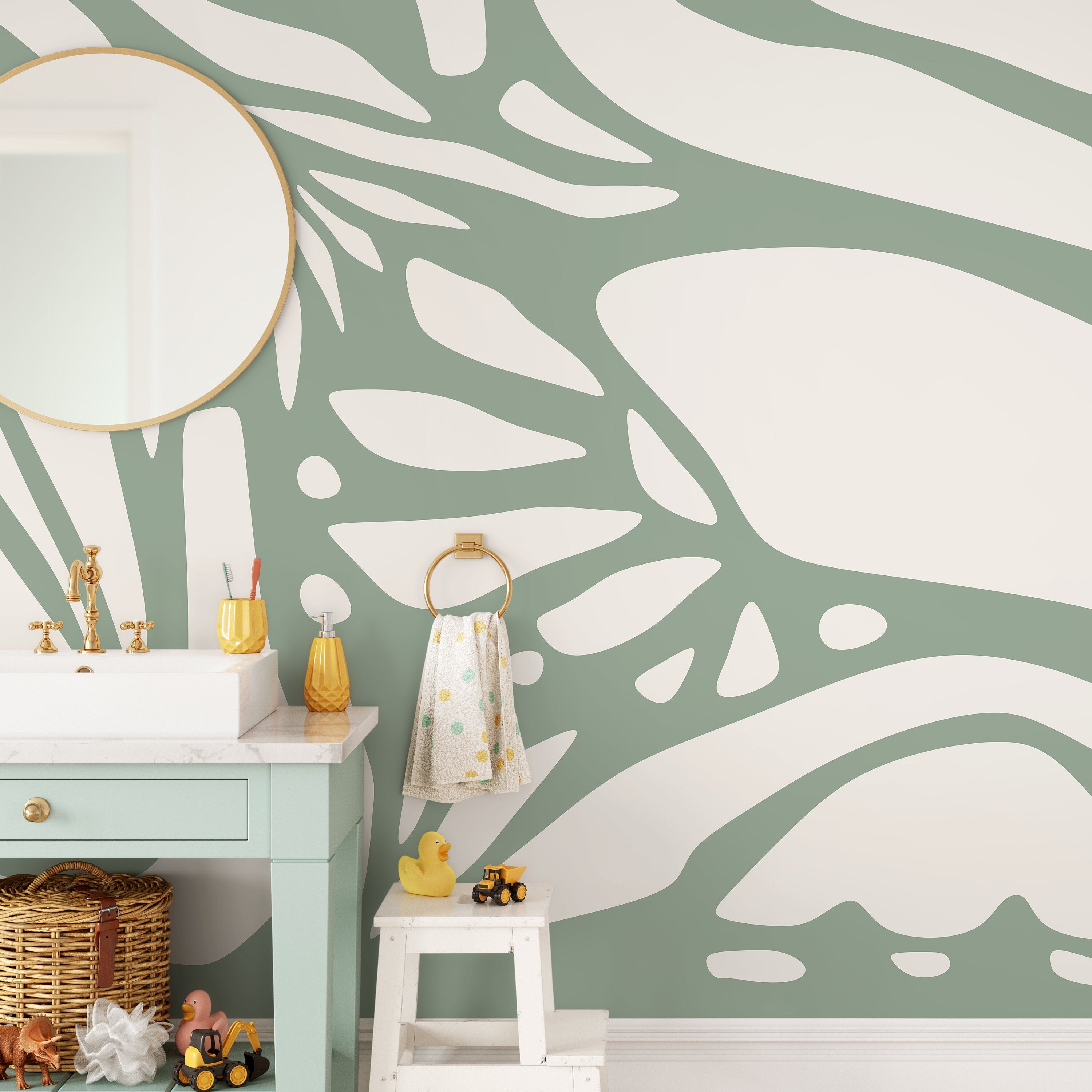 Abstract Wallpaper With Large Organic Forms In Light Green And White - D624