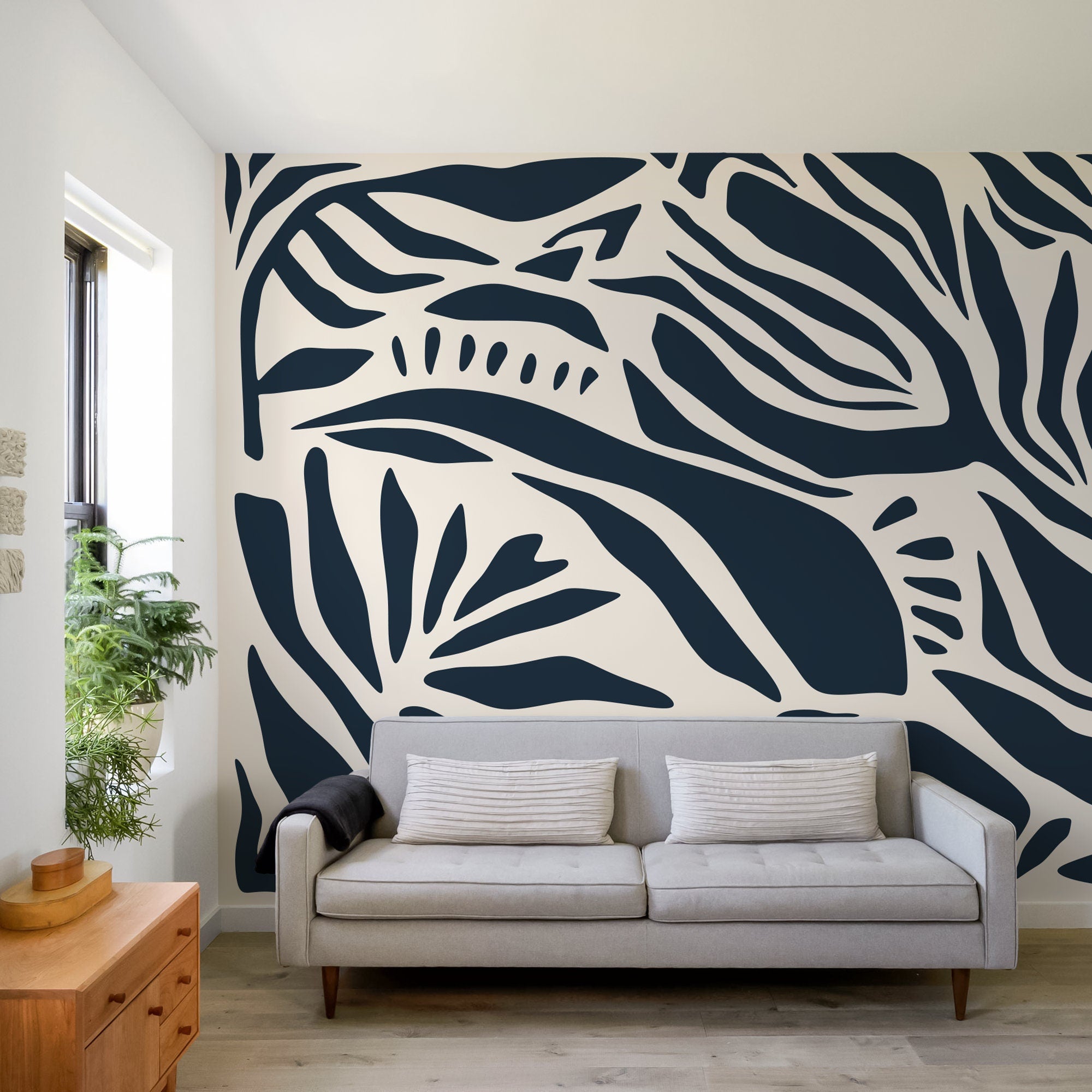 Abstract Wallpaper With Bold Organic Shapes In Dark Blue And Cream - D625