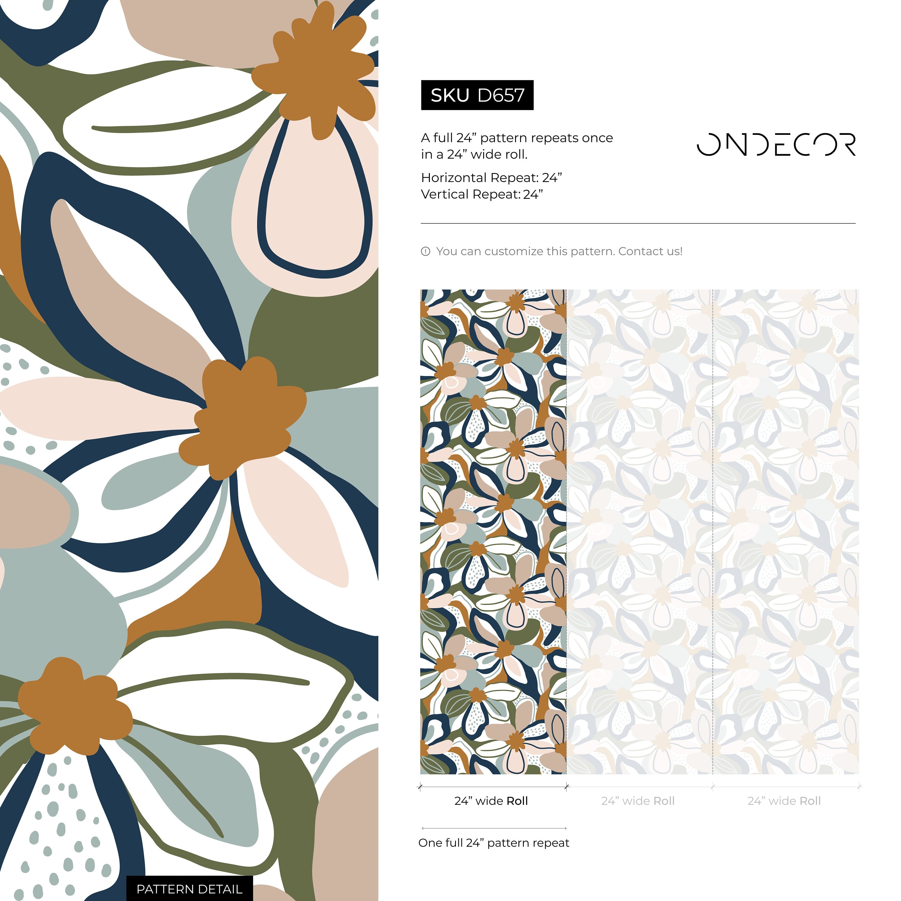 Retro Floral Wallpaper With Bold Abstract Flowers In Blue, Green, And Camel - D657