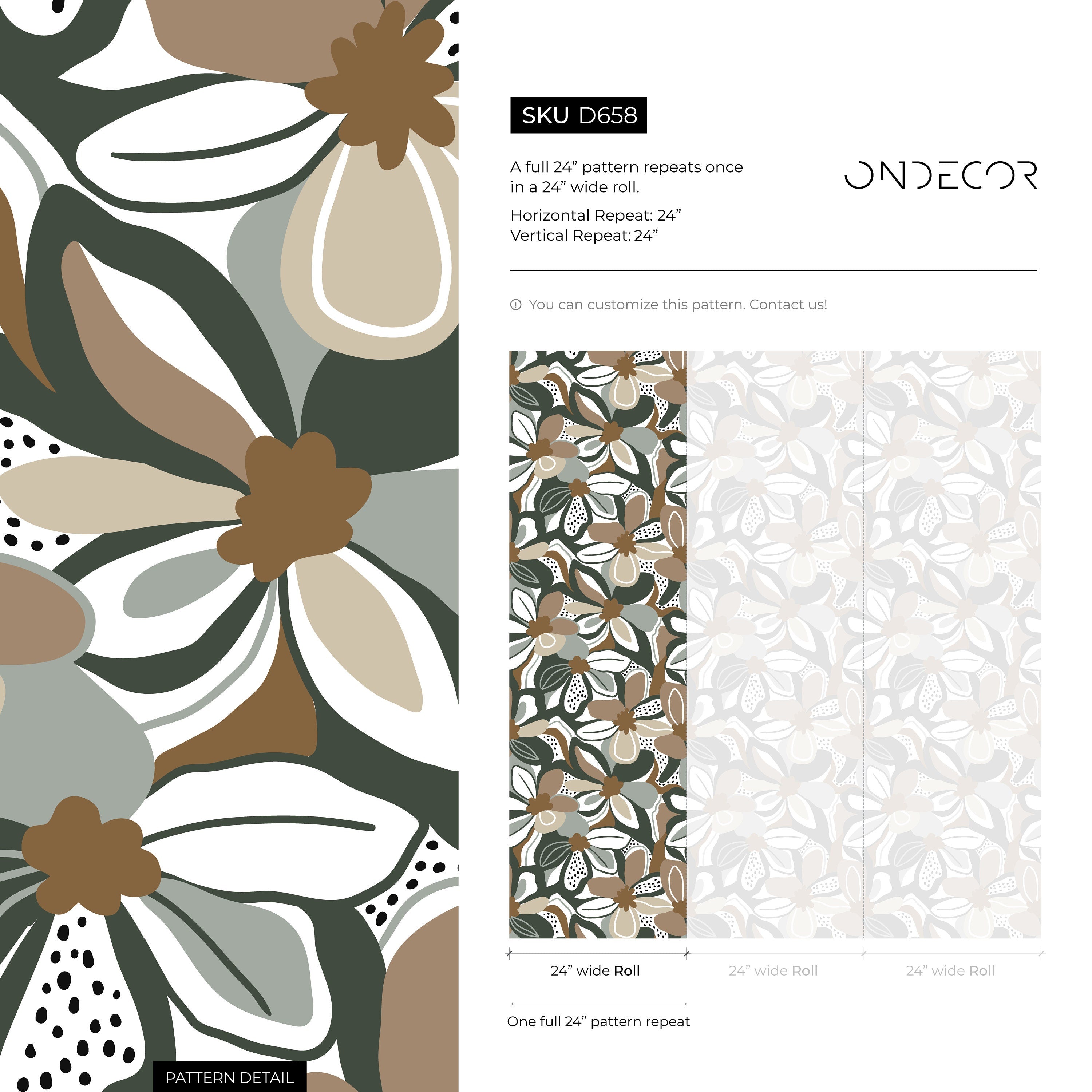 Floral Wallpaper With A Modern Abstract Motif In Taupe, Green, And Brown - D658