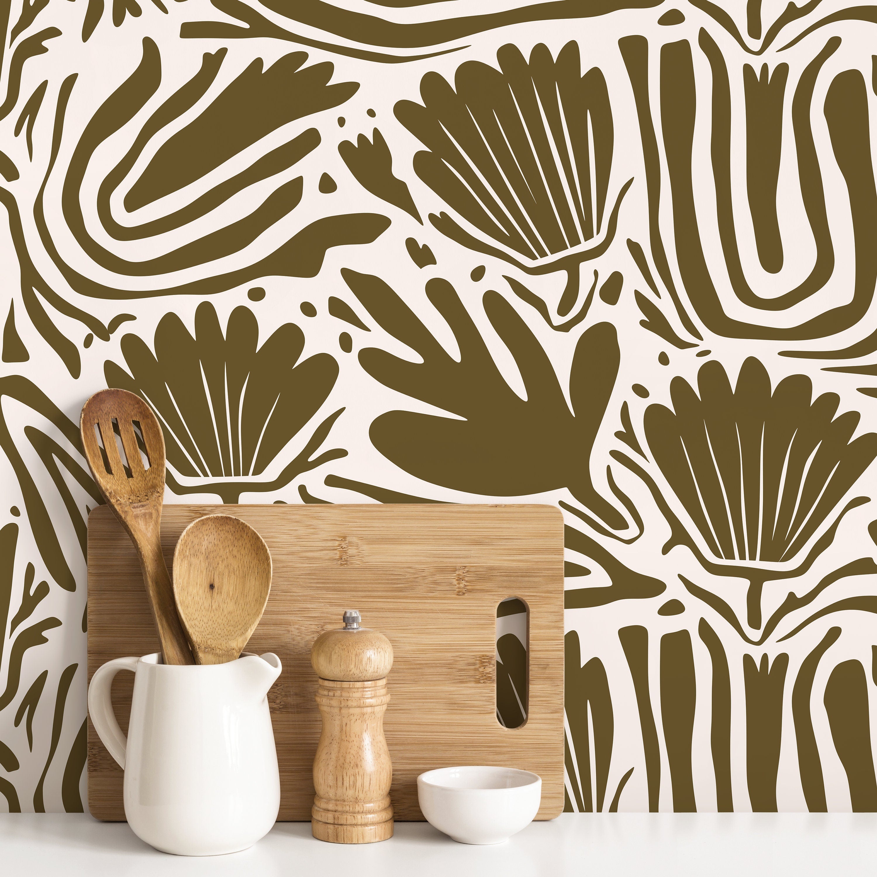 Floral Wallpaper With An Abstract Botanical Motif In Olive Green - D661