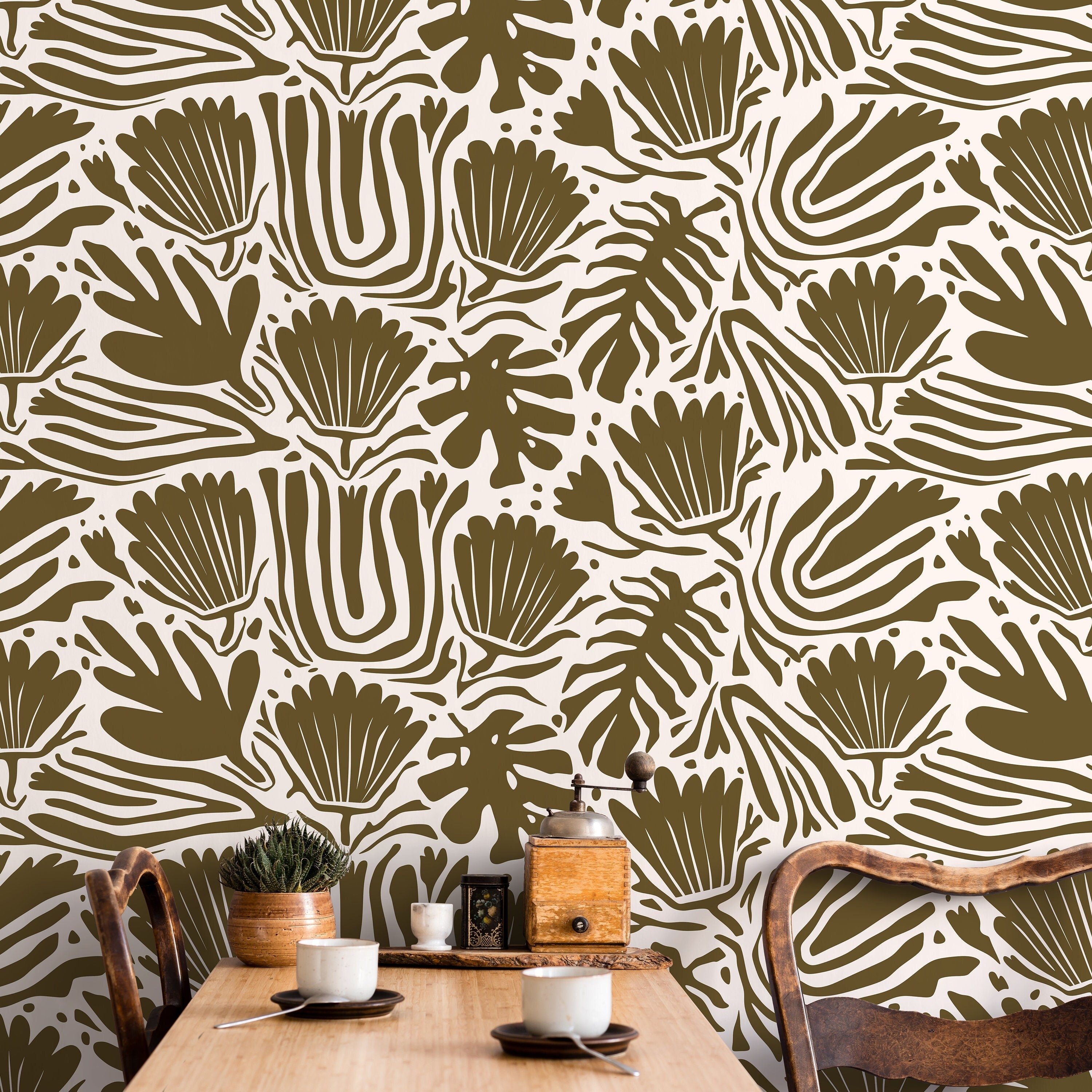 Floral Wallpaper With An Abstract Botanical Motif In Olive Green - D661