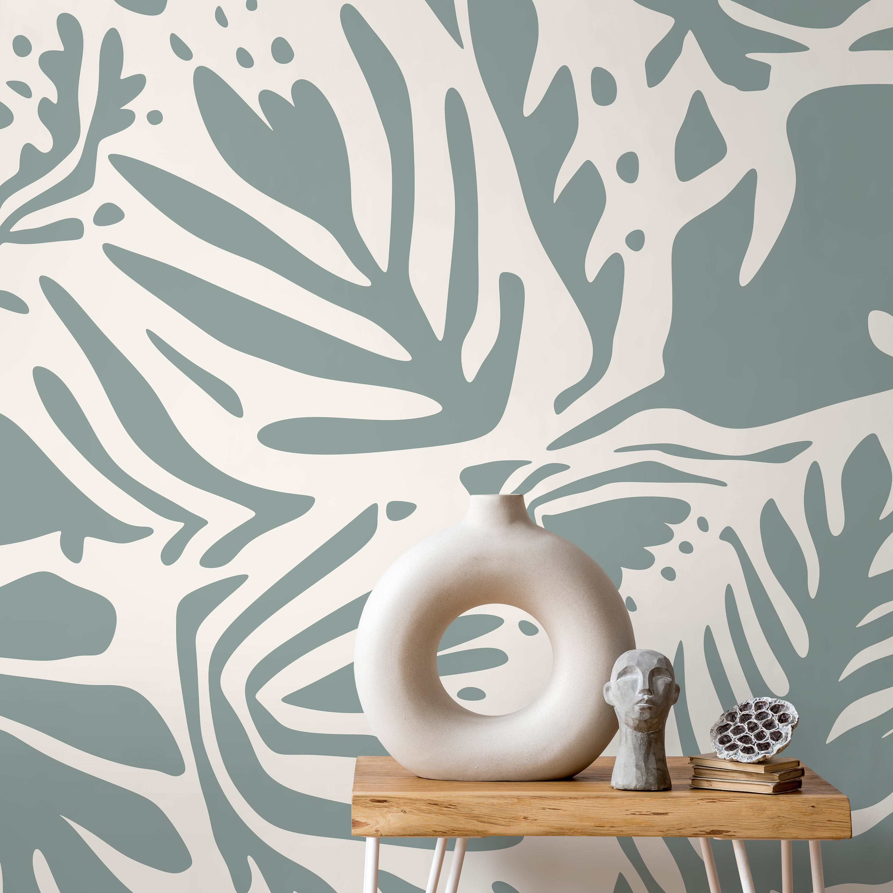 Abstract Wallpaper With A Matisse Inspired Botanical Motif In Sage Green - D664
