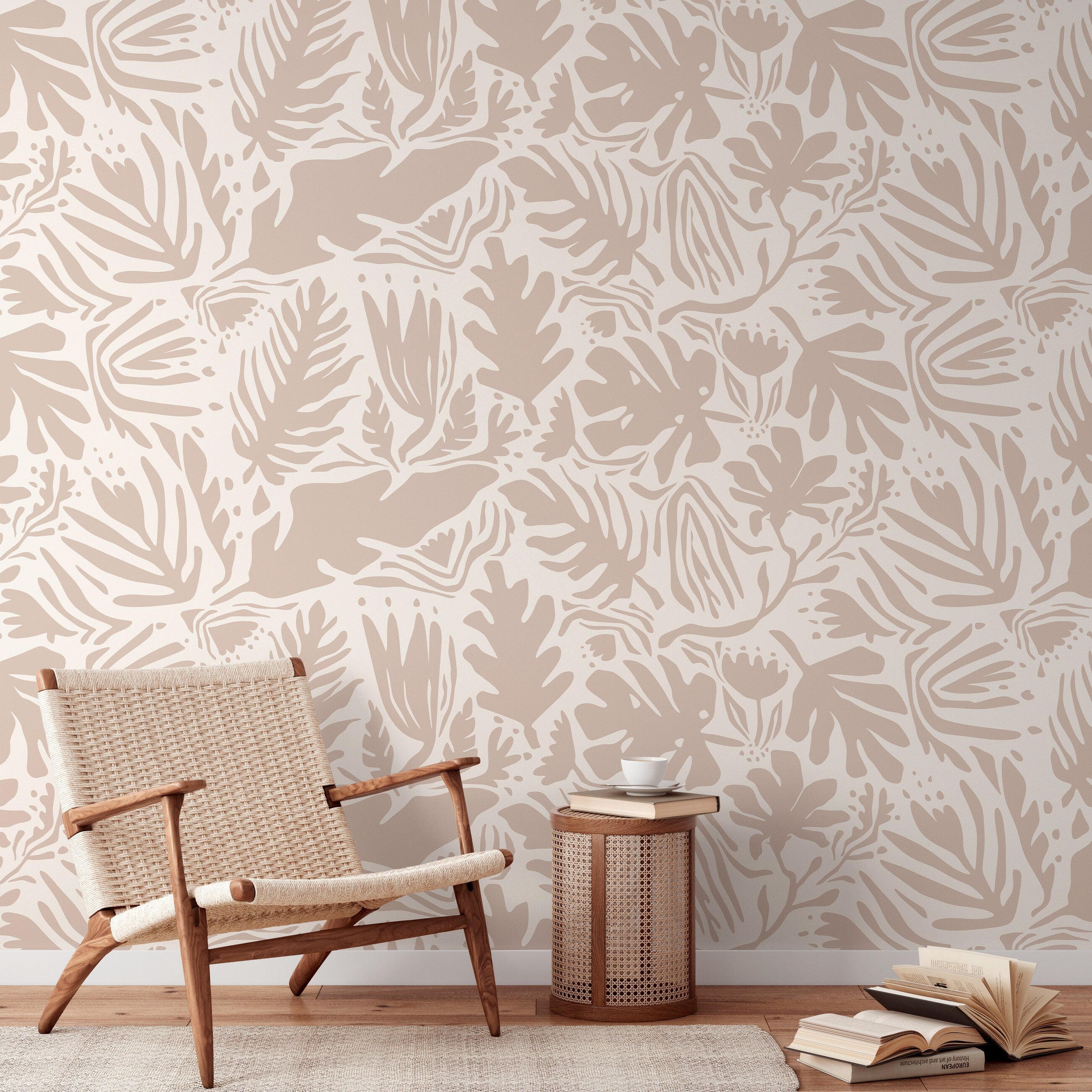 Abstract Wallpaper With A Boho Botanical Cutout Motif In Beige And Cream - D666