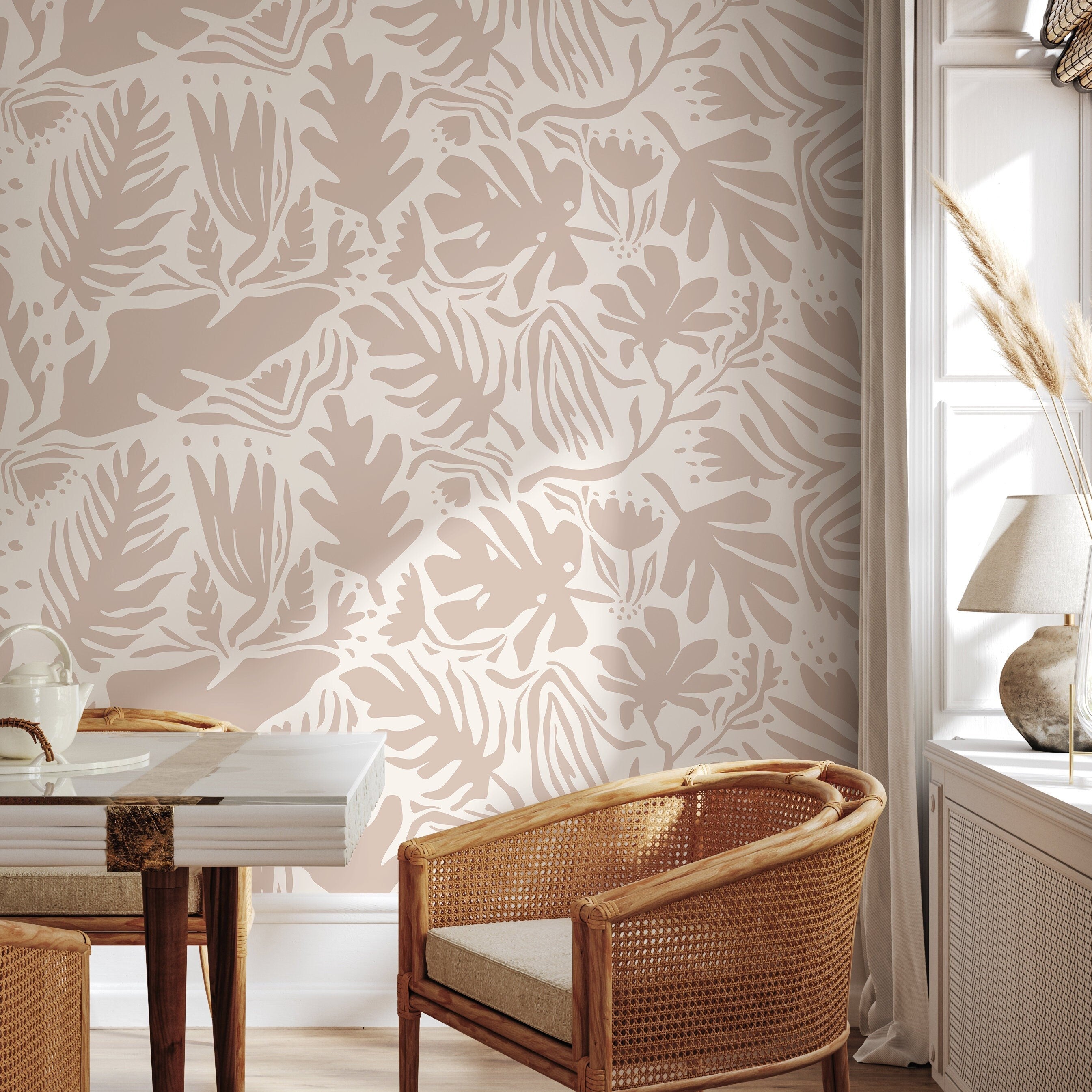 Abstract Wallpaper With A Boho Botanical Cutout Motif In Beige And Cream - D666