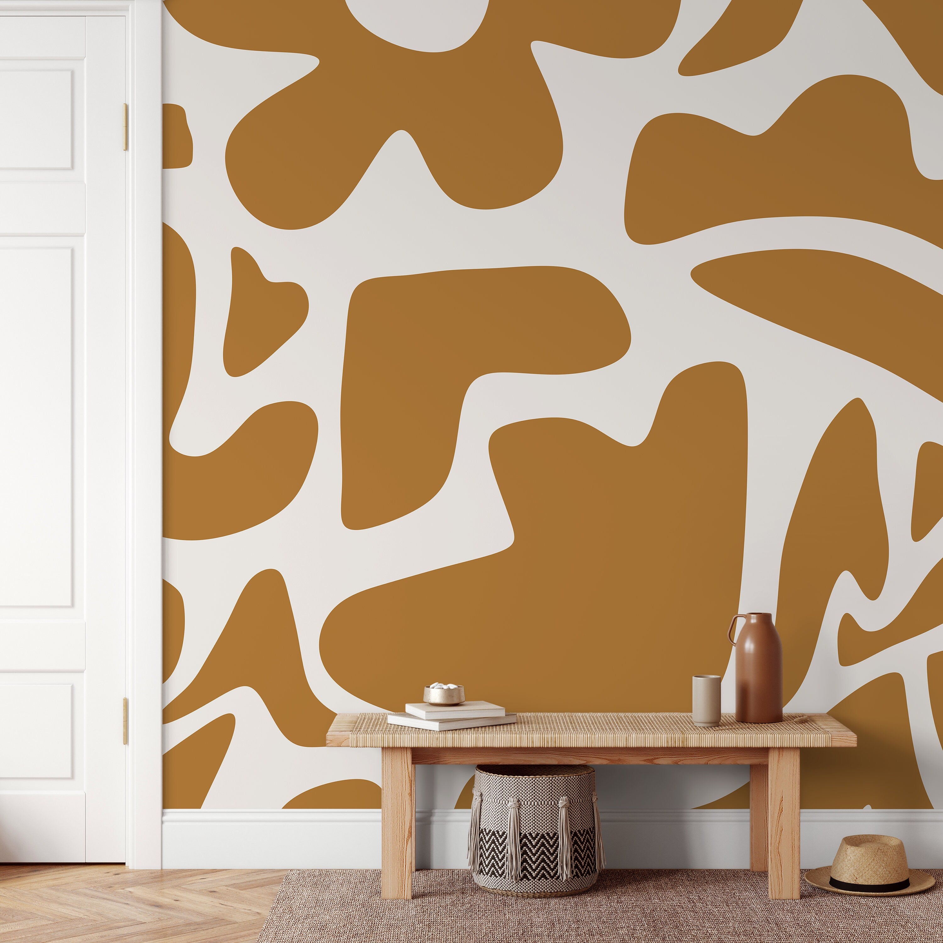 Abstract Wallpaper With Stylized Floral Cutouts In Mustard Yellow And Cream - D670