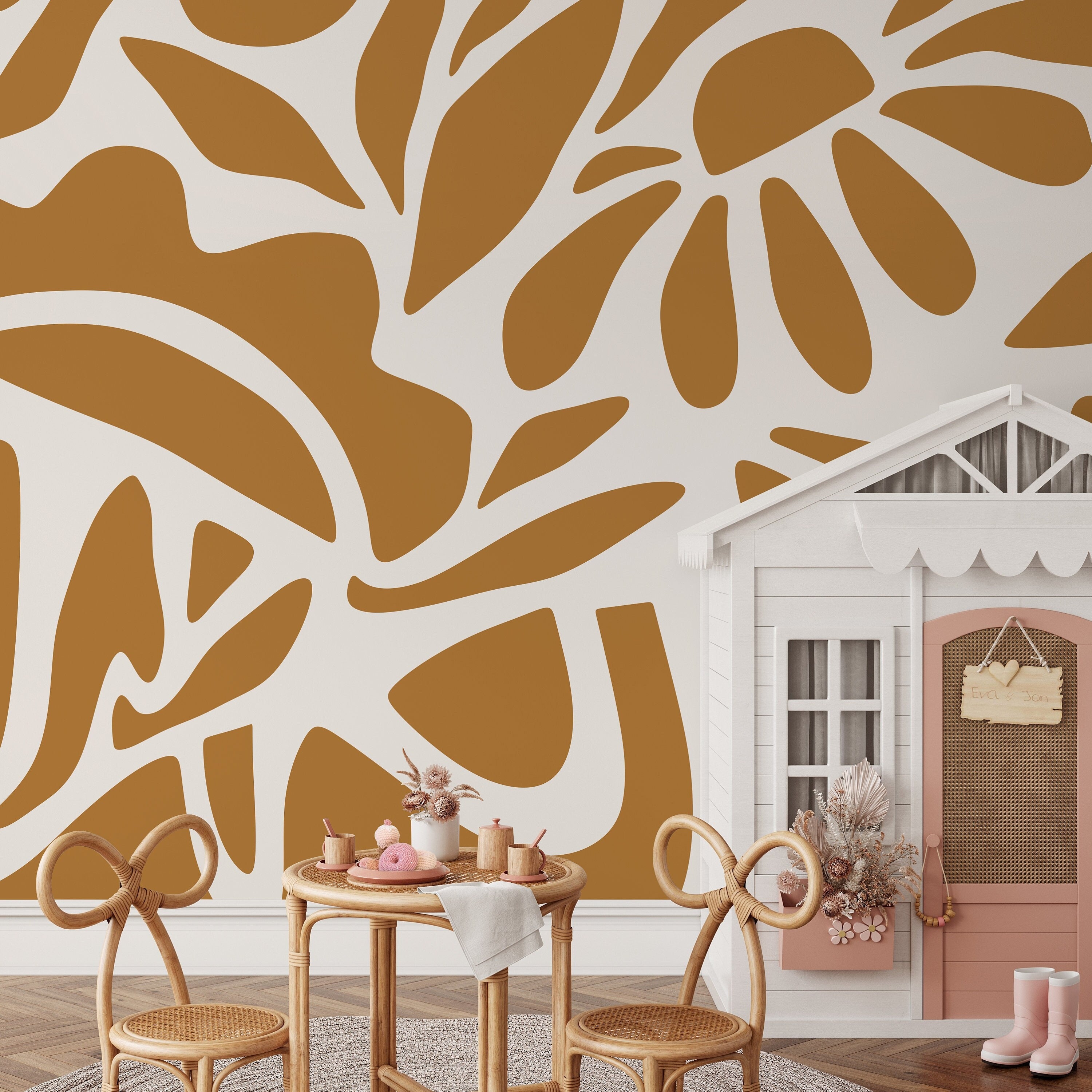 Abstract Wallpaper With Stylized Floral Cutouts In Mustard Yellow And Cream - D670