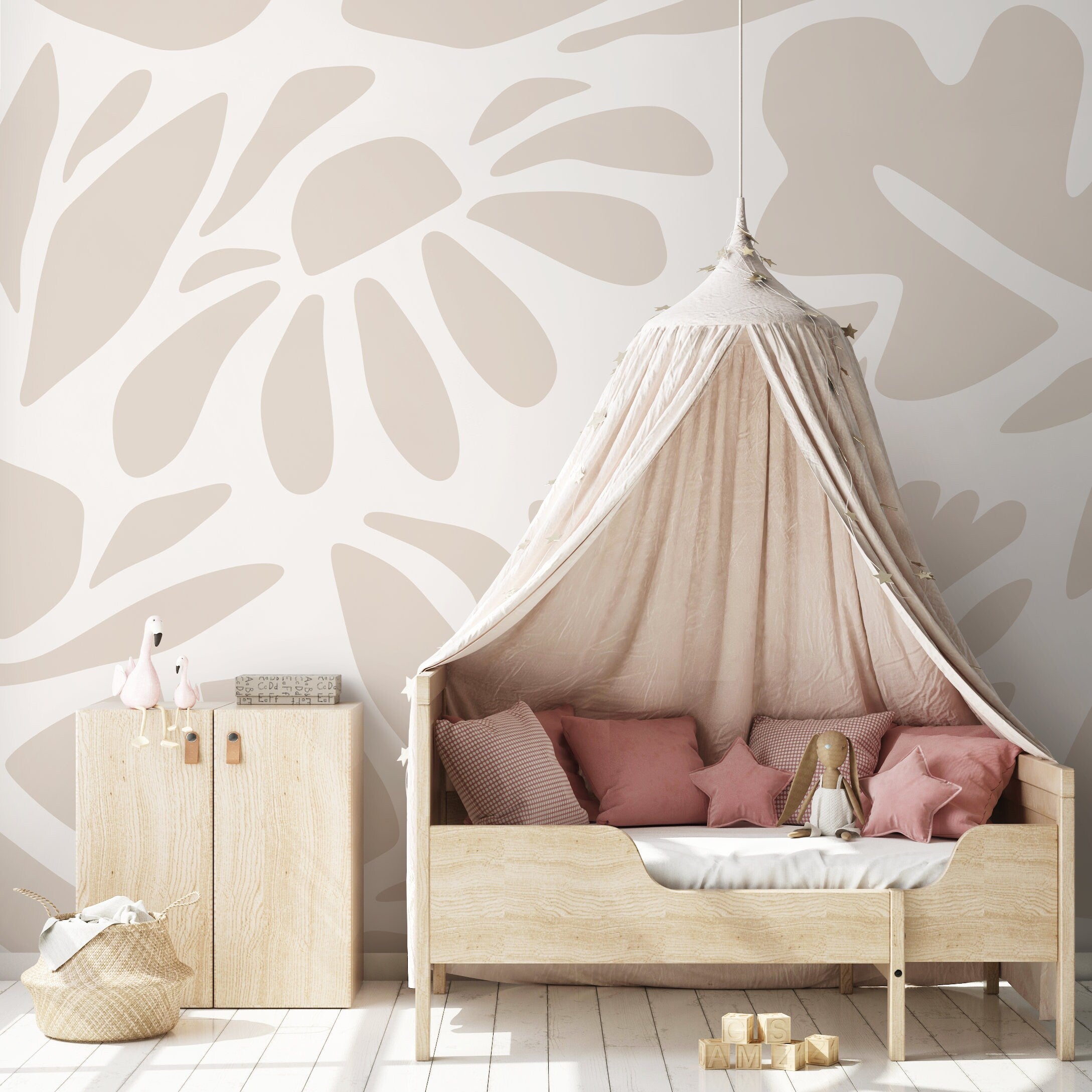 Abstract Wallpaper With A Boho Flora Motif In Beige And Off-white - D671