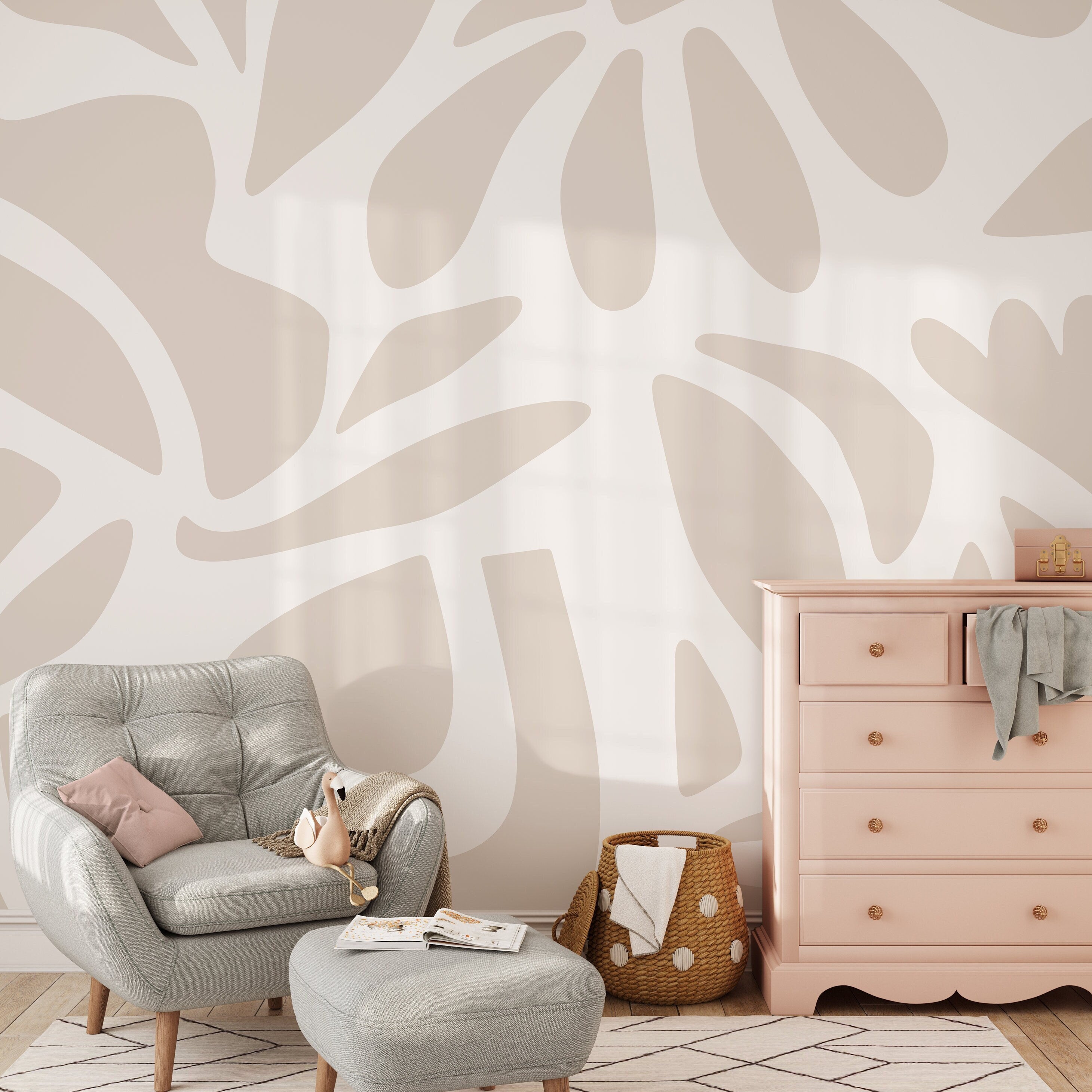 Abstract Wallpaper With A Boho Flora Motif In Beige And Off-white - D671