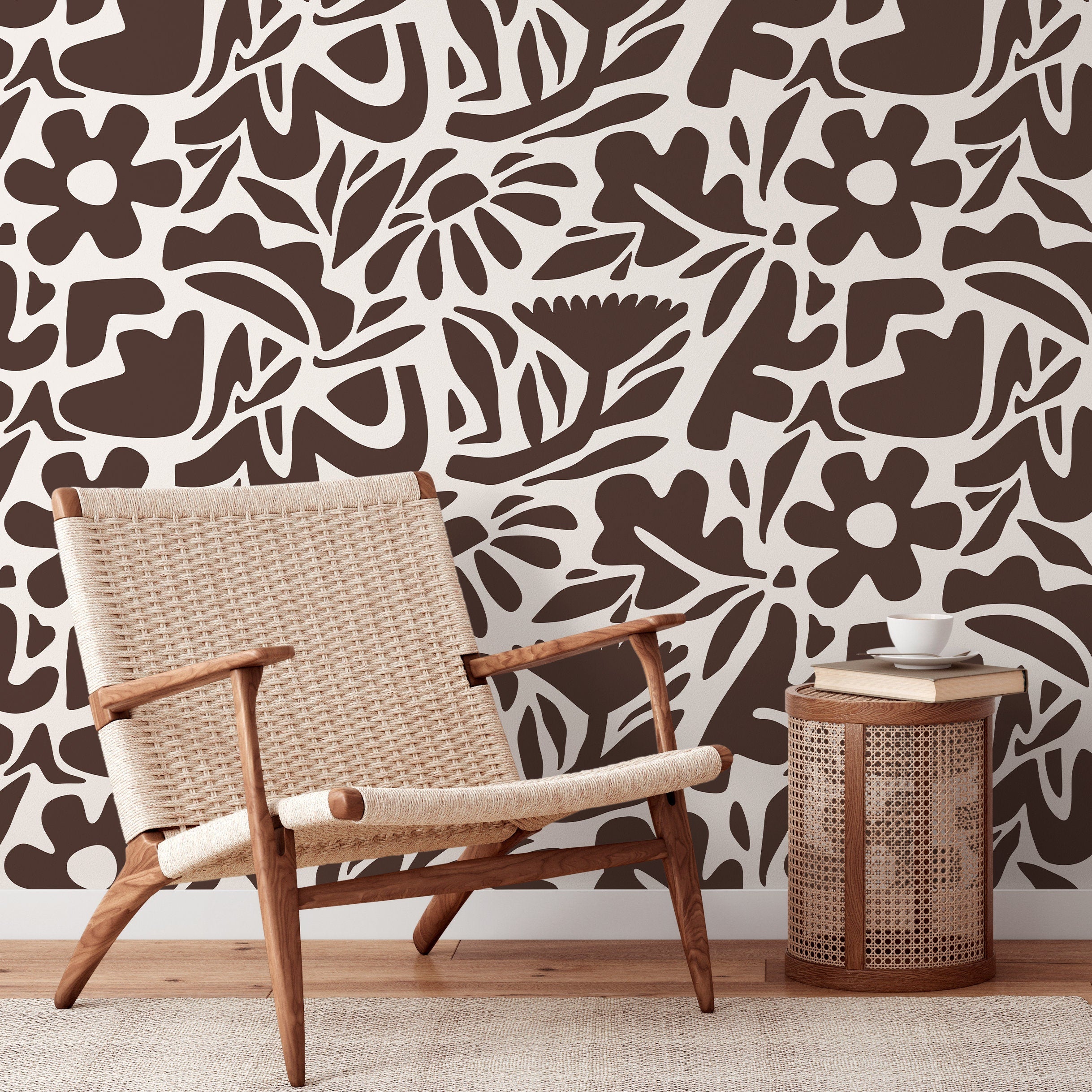 Abstract Floral Wallpaper With A Boho Botanical Motif In Brown And Cream - D673