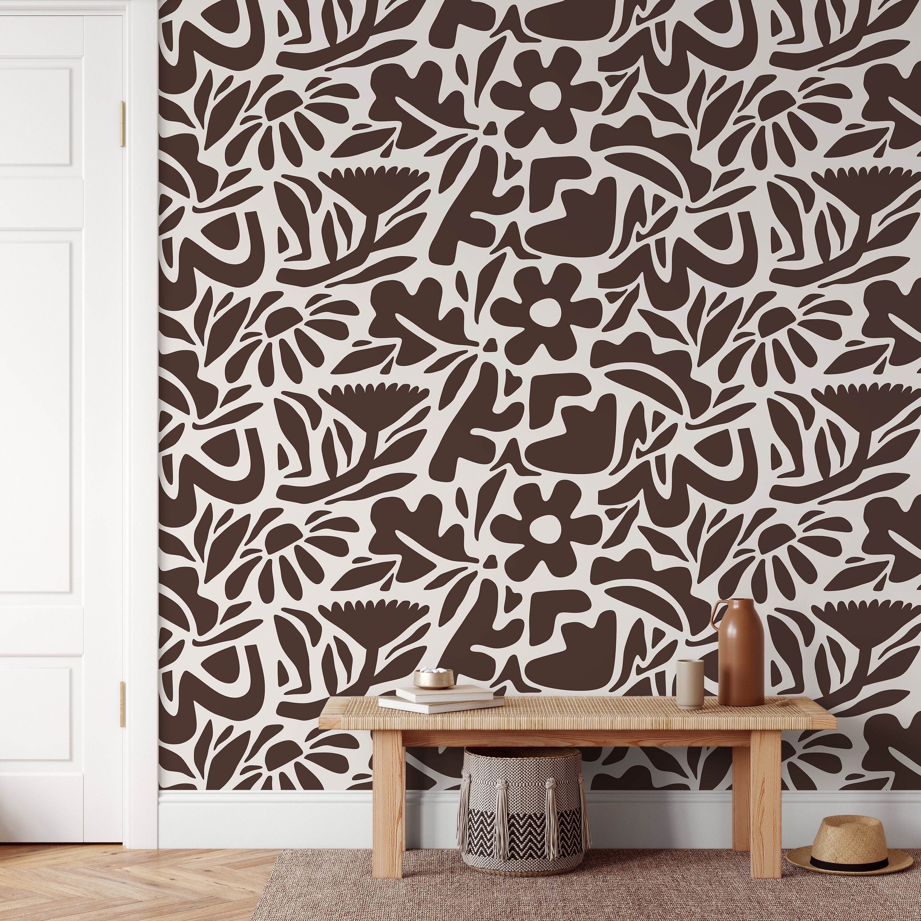 Abstract Floral Wallpaper With A Boho Botanical Motif In Brown And Cream - D673