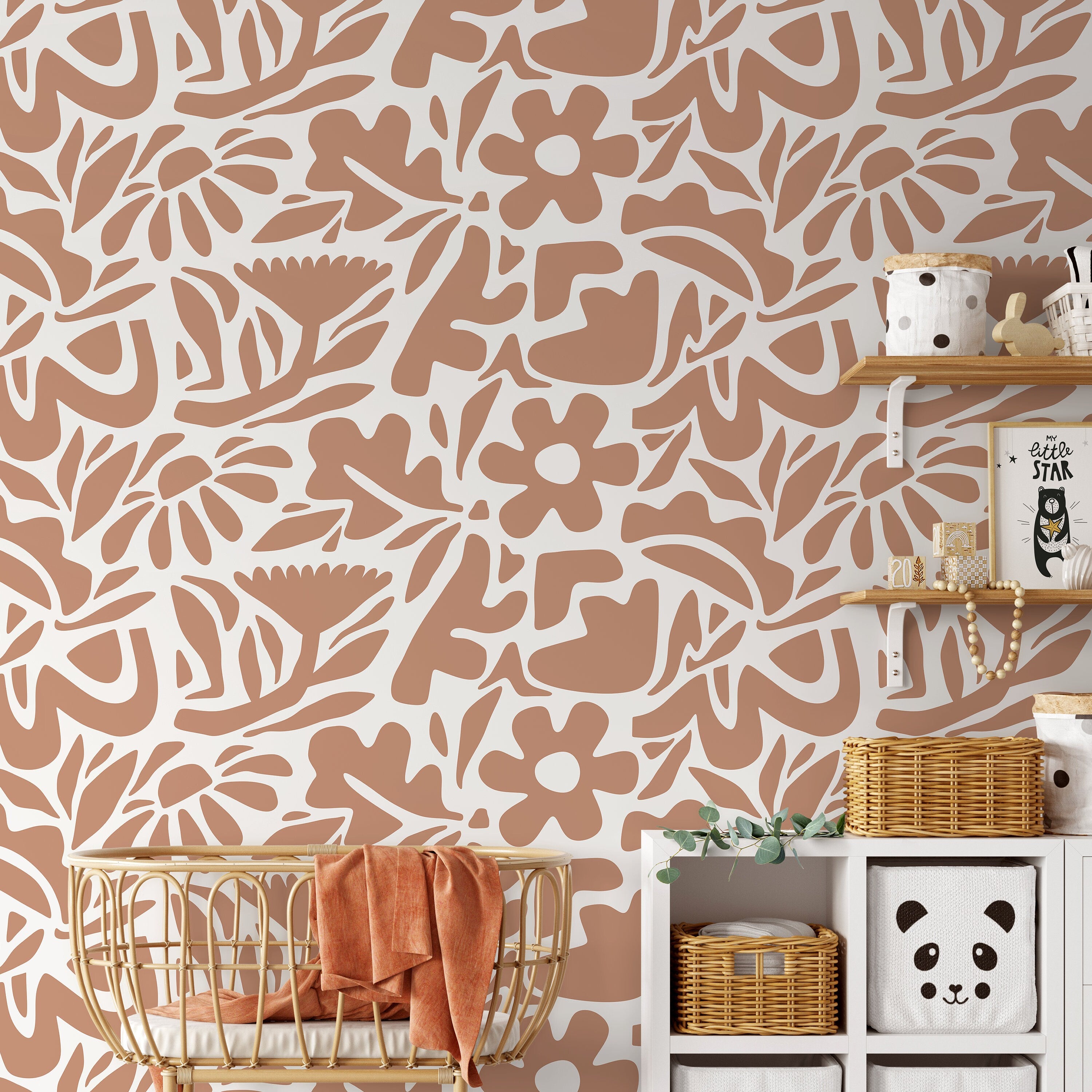 Abstract Floral Wallpaper With A Cutout Botanical Motif In Terracotta Orange - D674
