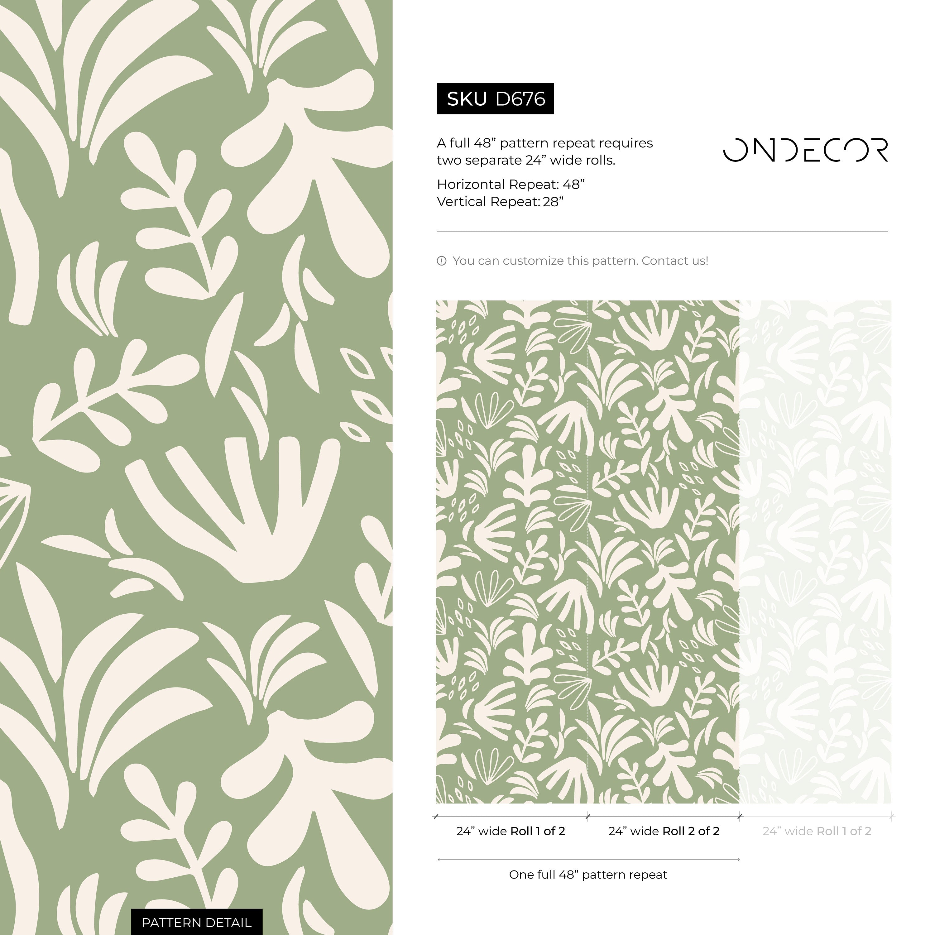 Botanical Wallpaper With Abstract Cutout Shapes In Green And Cream - D676