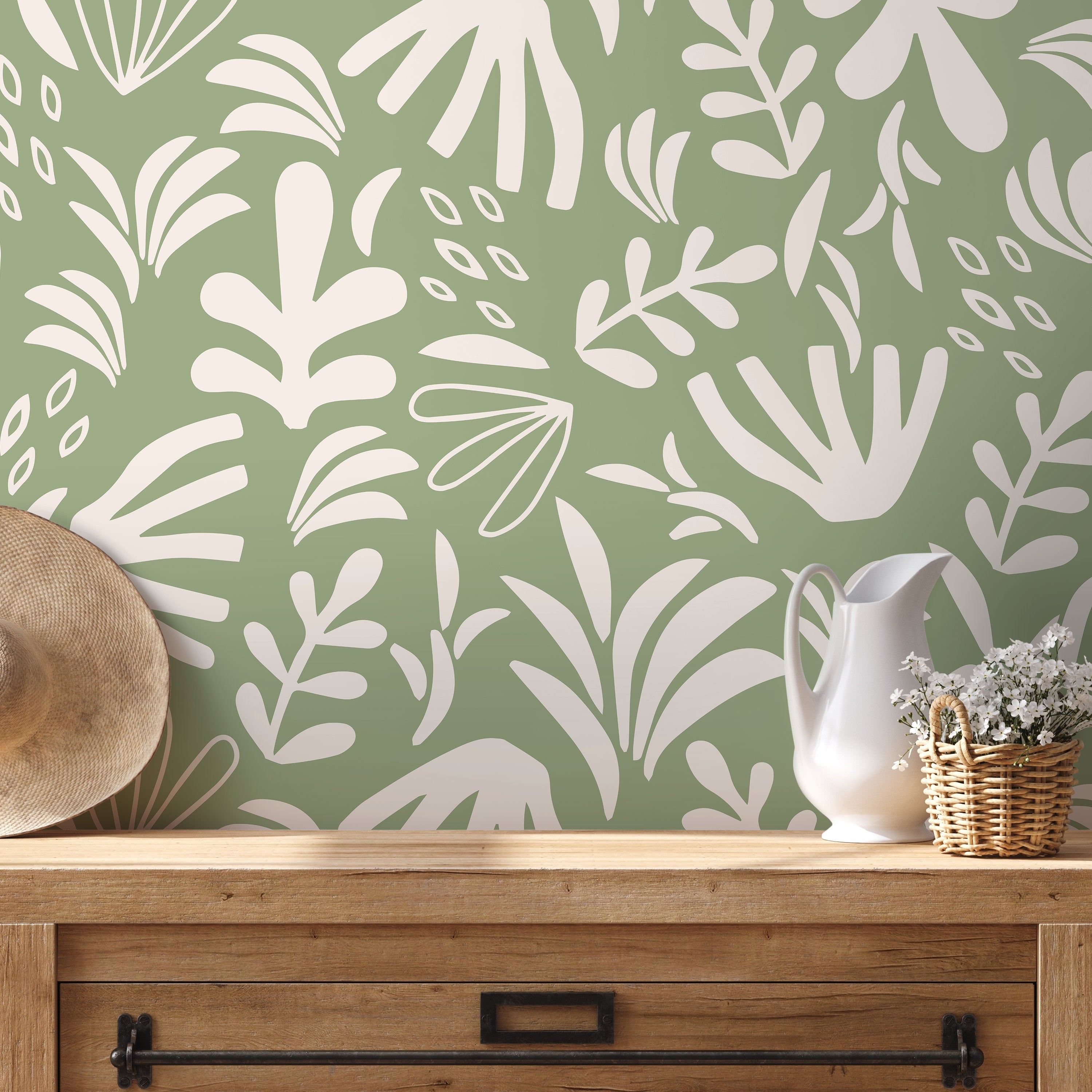 Botanical Wallpaper With Abstract Cutout Shapes In Green And Cream - D676