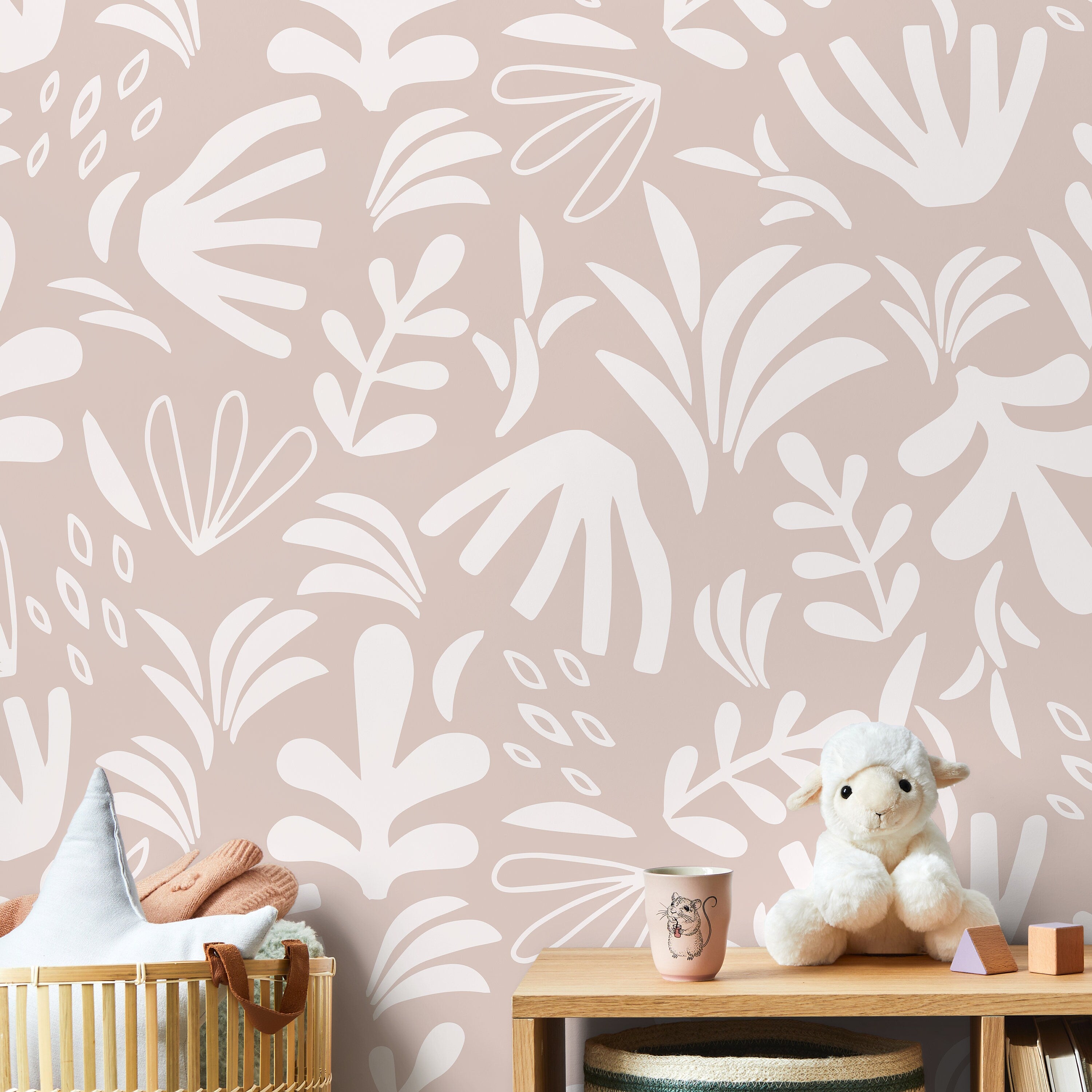 Abstract Wallpaper With A Stylized Garden Motif In Dusty Rose And Cream - D678
