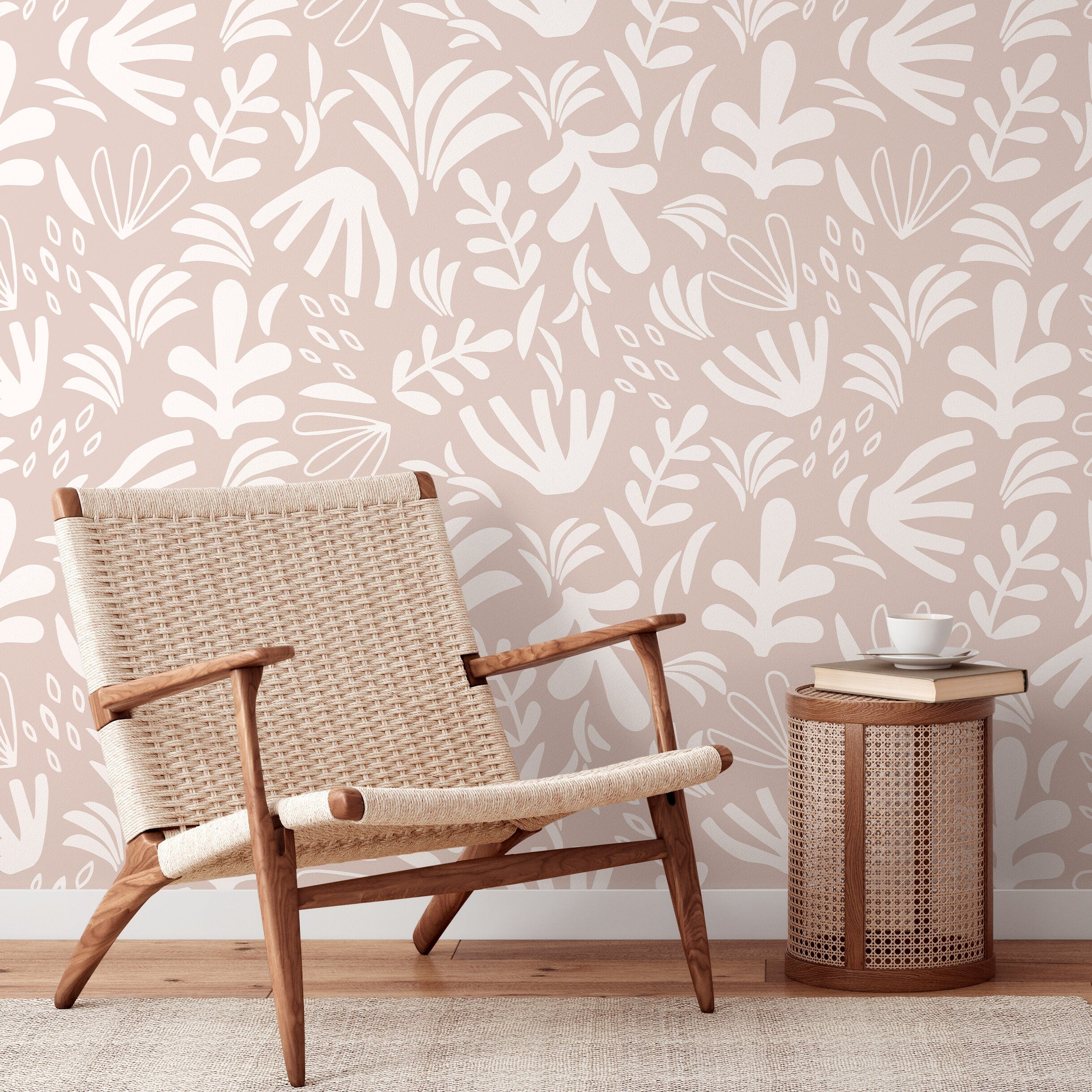 Abstract Wallpaper With A Stylized Garden Motif In Dusty Rose And Cream - D678