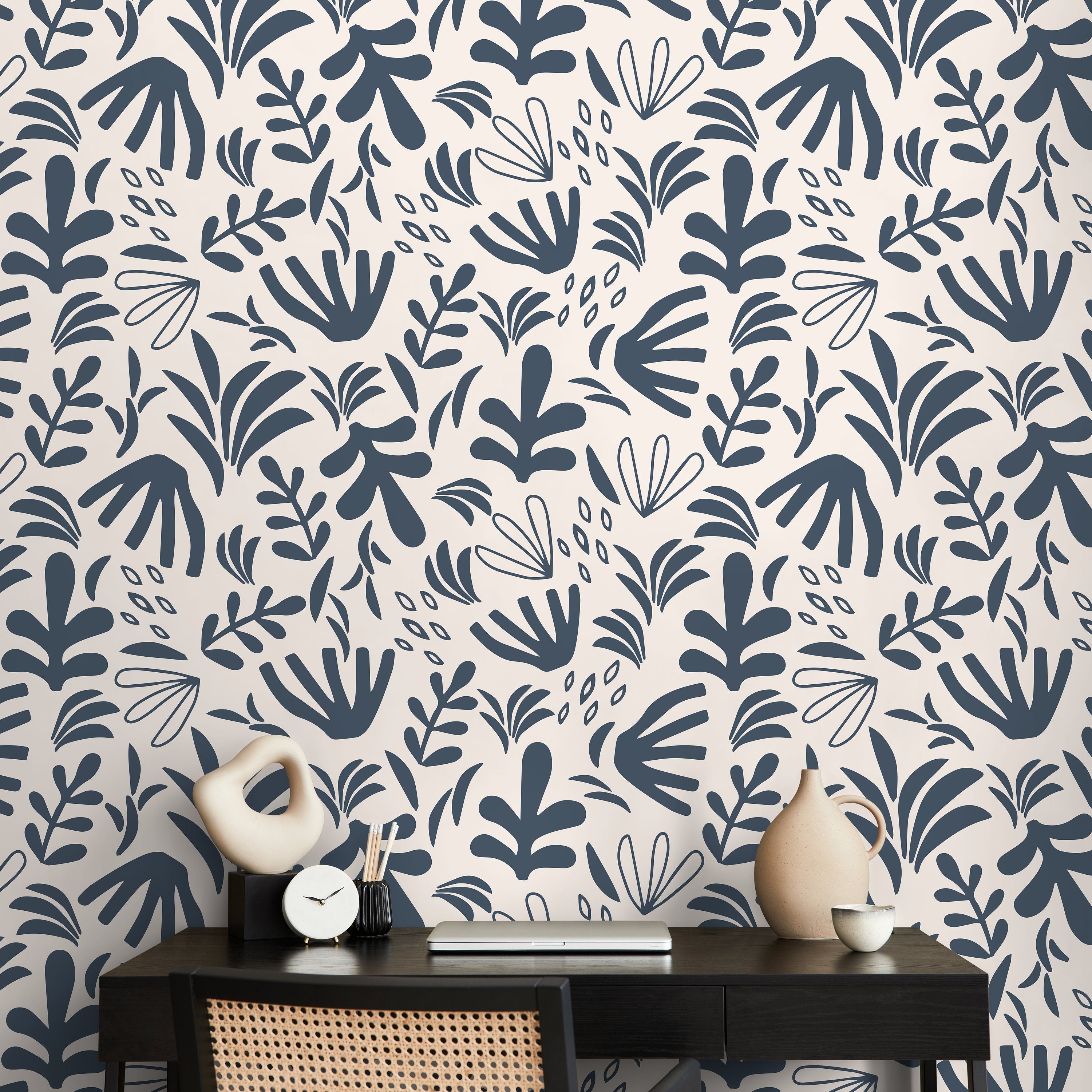 Abstract Wallpaper Featuring Botanical Shapes In Gray And White - D679