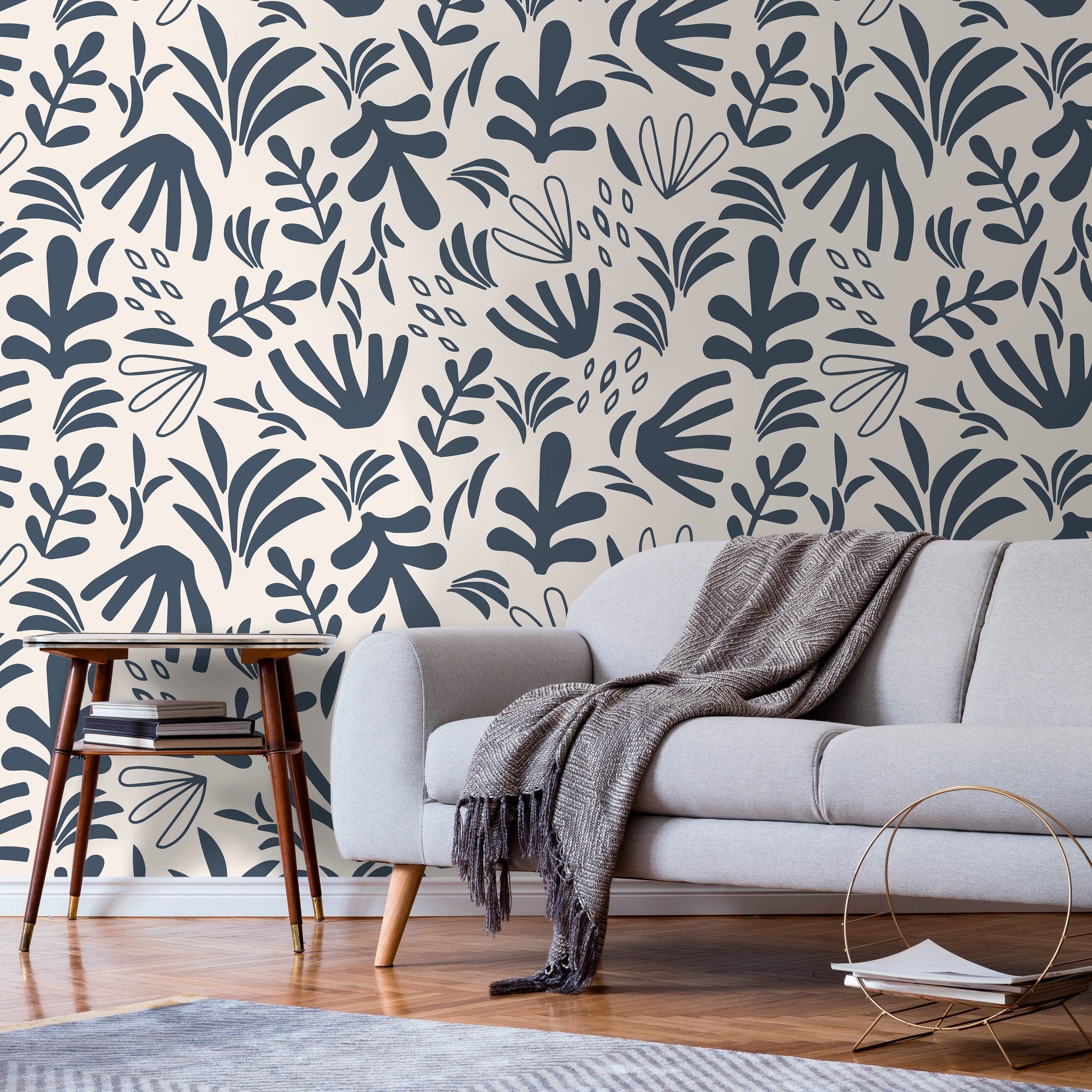Abstract Wallpaper Featuring Botanical Shapes In Gray And White - D679
