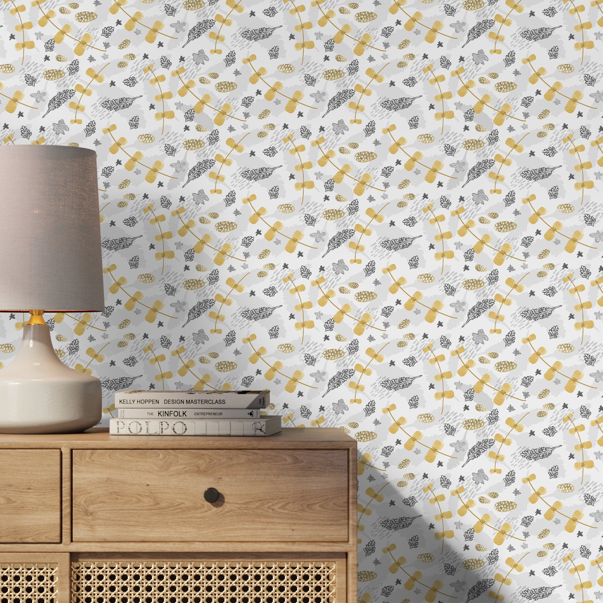 Botanical Wallpaper With Stylized Stems And Leaves In Yellow And Grey - X001