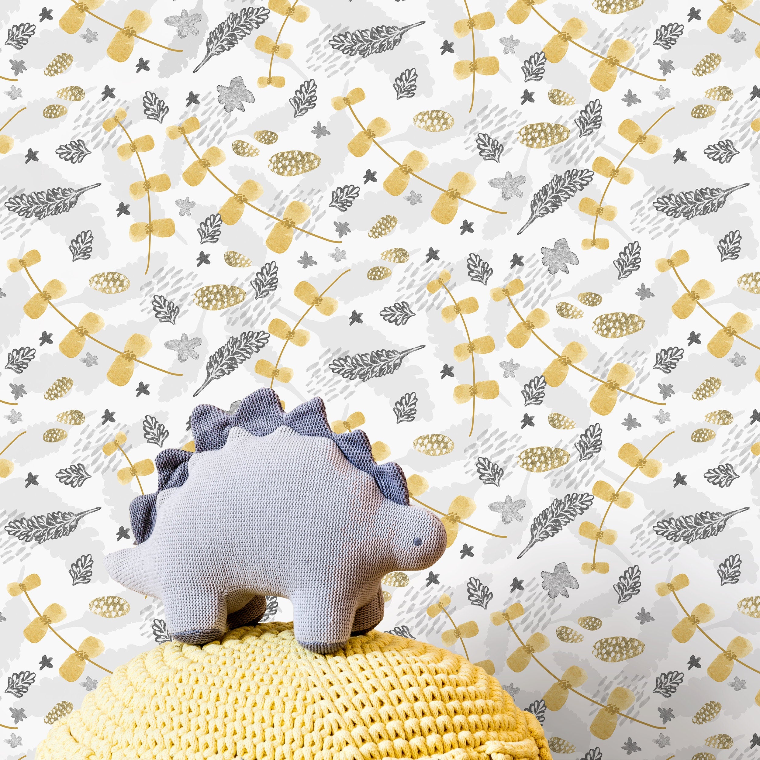 Botanical Wallpaper With Stylized Stems And Leaves In Yellow And Grey - X001