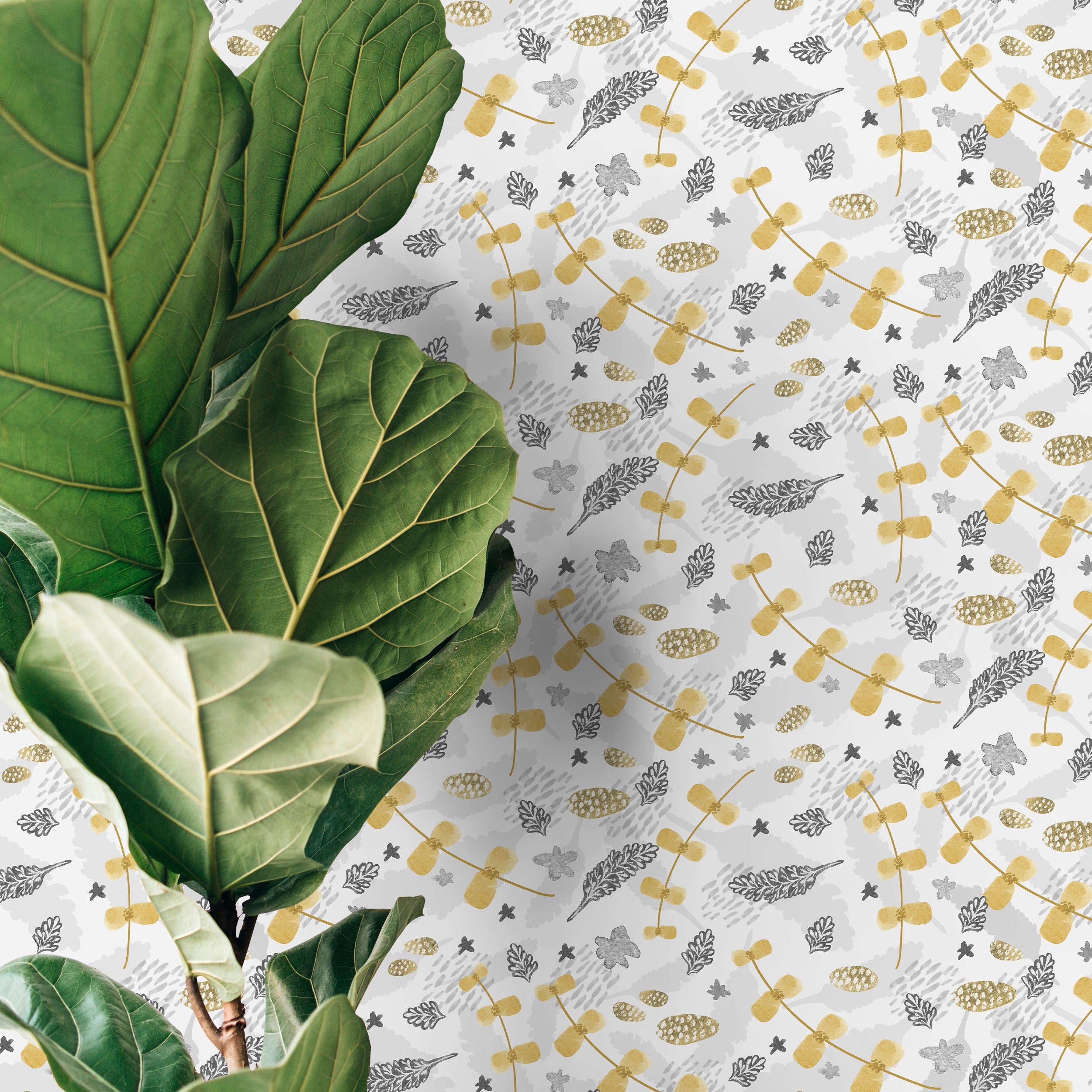 Botanical Wallpaper With Stylized Stems And Leaves In Yellow And Grey - X001