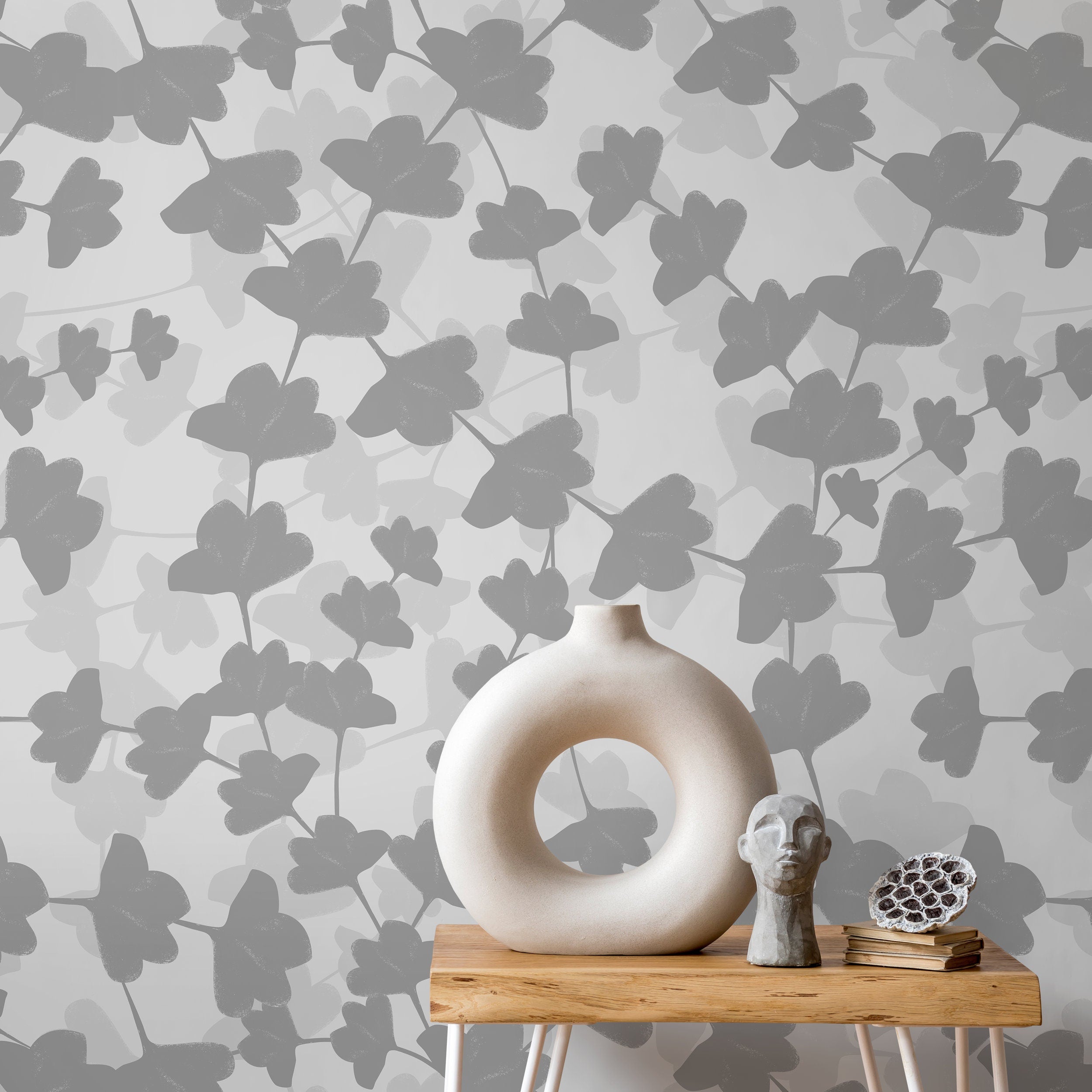 Botanical Wallpaper With Layered Floral Silhouettes In Gray - X016