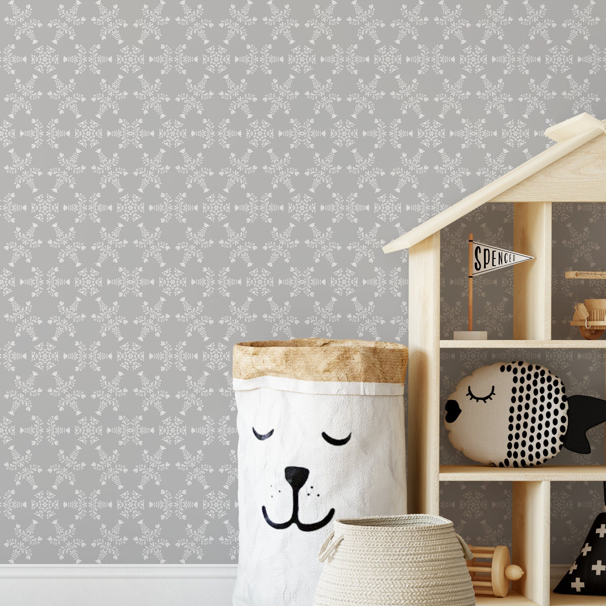 Damask Wallpaper With A Scandinavian Folk Art Motif In Gray And White - X063