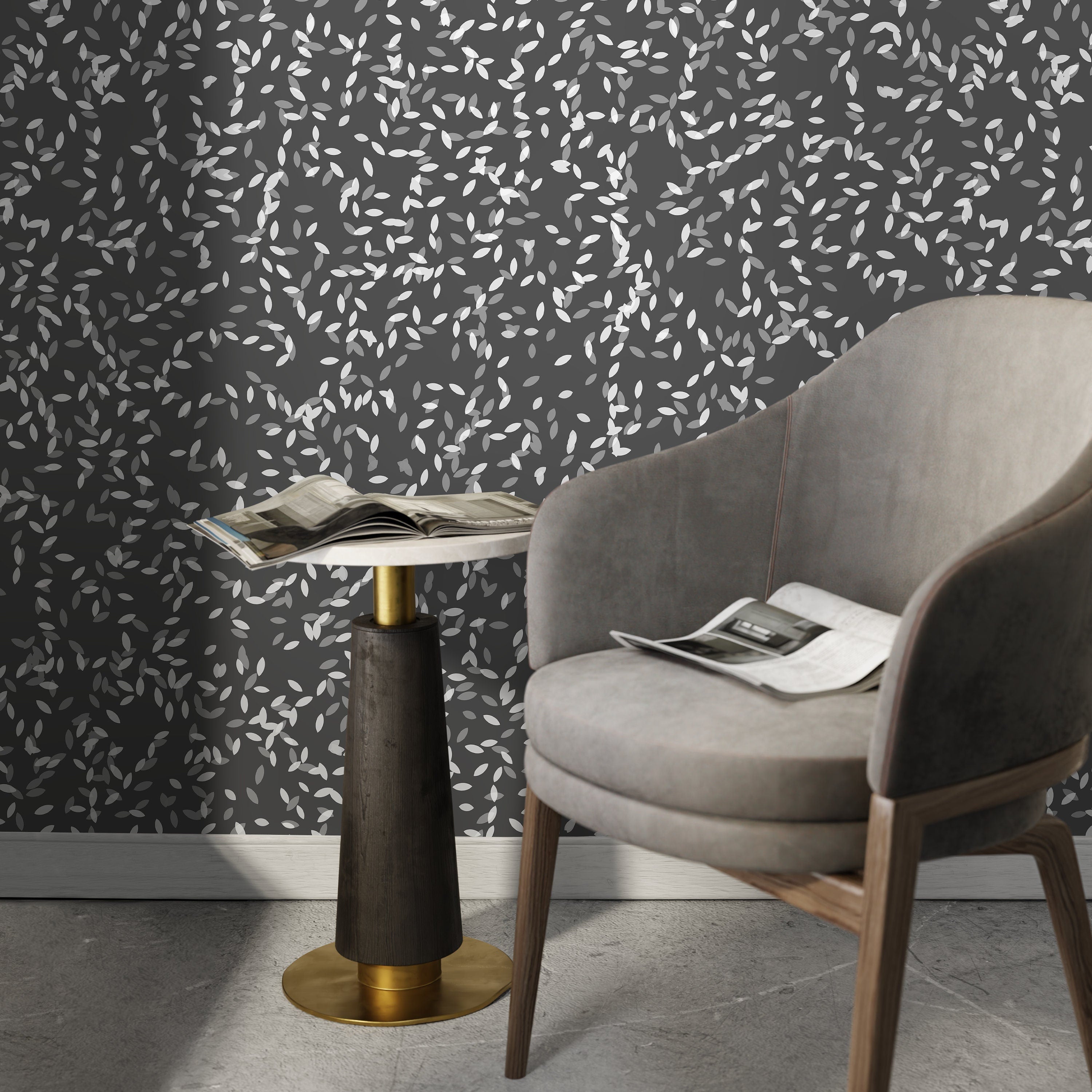 Foliage Wallpaper With A Scattered Leaf Motif In White And Gray - X074