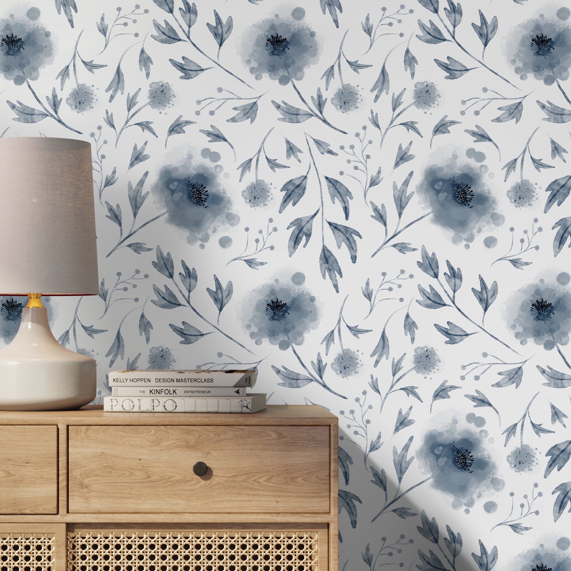 Floral Wallpaper With Delicate Watercolor Poppies In Blue And Black - X125