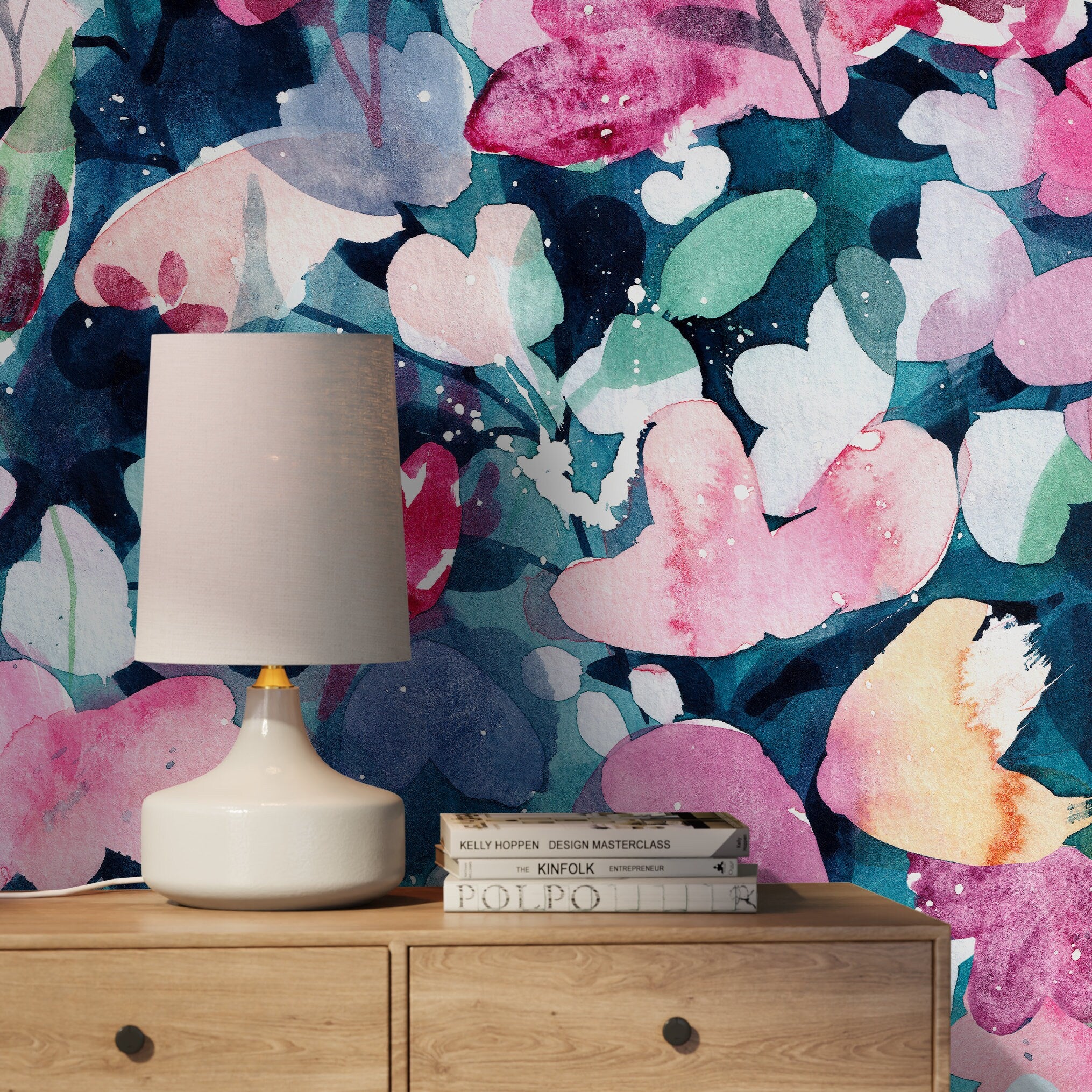 Floral Wallpaper With A Painterly Watercolor Motif In Pink, Teal, And Blue - X149